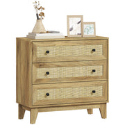 Chest of Drawers with 3 Drawers Narrow Bedroom Dresser with Rattan Fronts and Raised Legs Dresser for Living Room Office 80x35x76 cm Natural