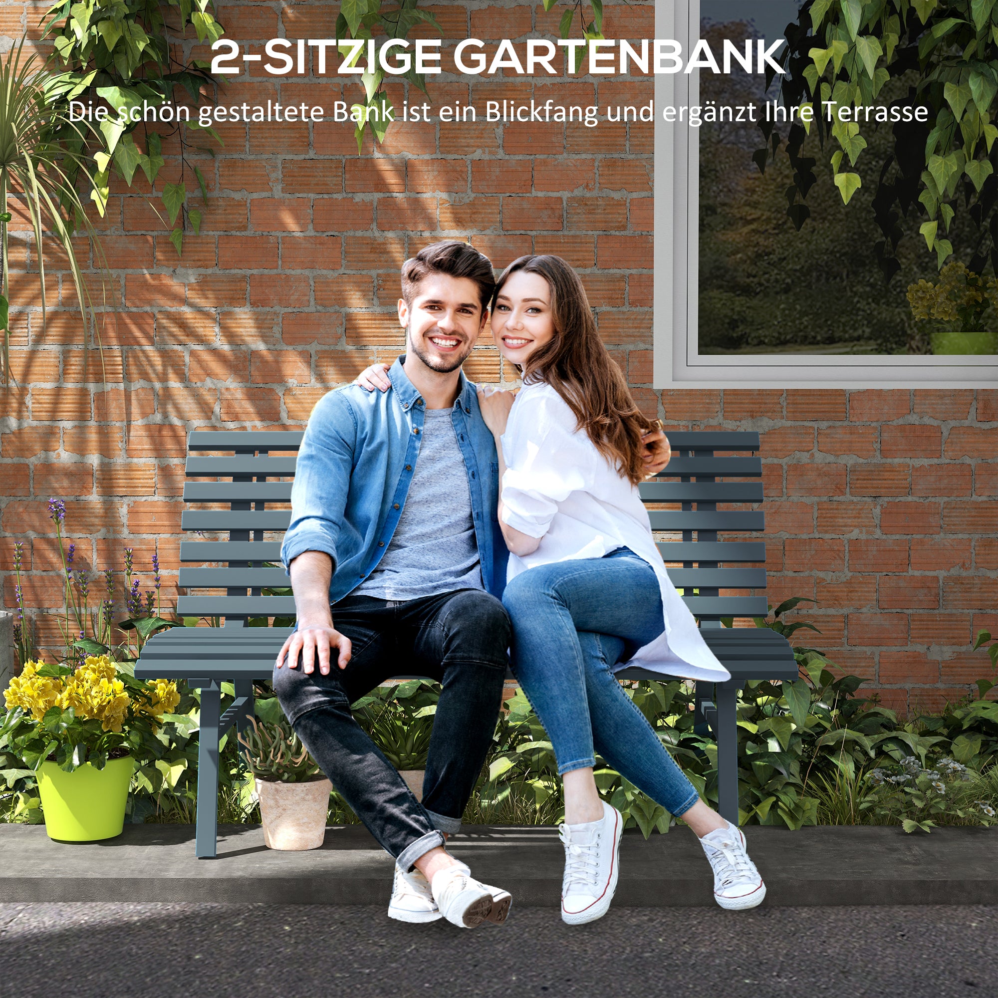 2-Seater Aluminum Garden Bench, Weatherproof Bench, UV Resistant Garden Furniture with Slatted Design, Park Bench 240kg Load Capacity, Balcony Bench for Balcony Terrace, Garden, 123x67x79cm, Blue