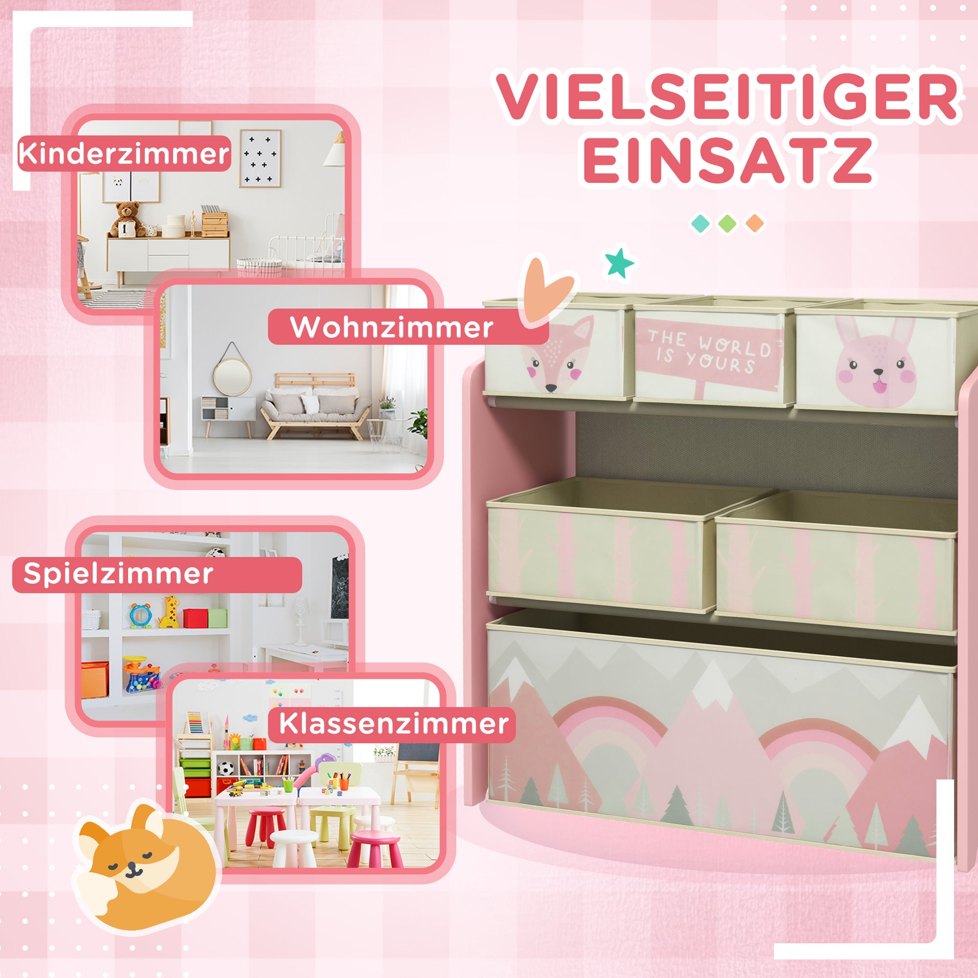 ZONEKIZ Kids Bookcase — Toy Organizer with 6 Removable Non-Woven Fabric Bins, Pink, 63 x 30 x 66 cm (24.8 x 11.8 x 26.0 in)