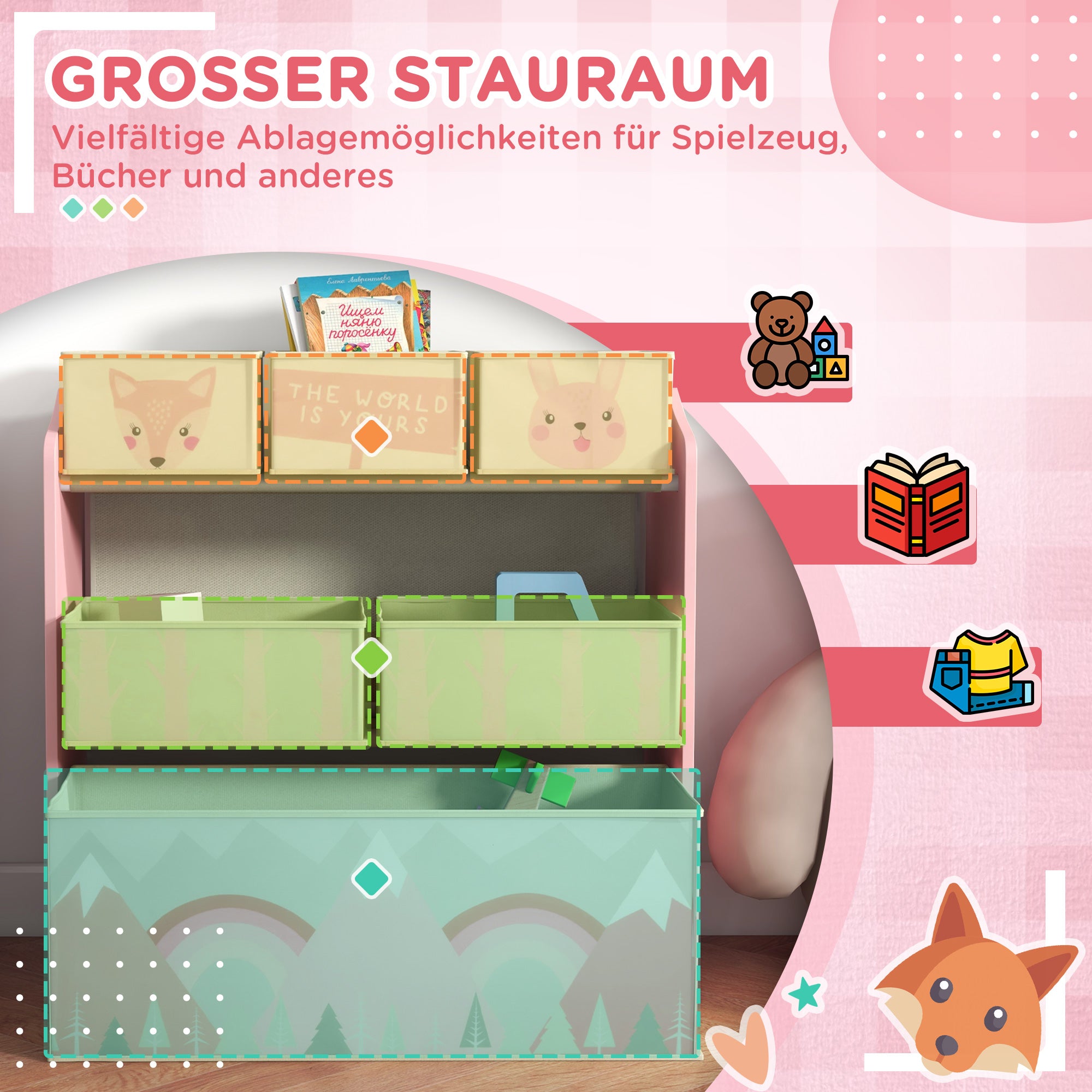 ZONEKIZ Kids Bookcase — Toy Organizer with 6 Removable Non-Woven Fabric Bins, Pink, 63 x 30 x 66 cm (24.8 x 11.8 x 26.0 in)
