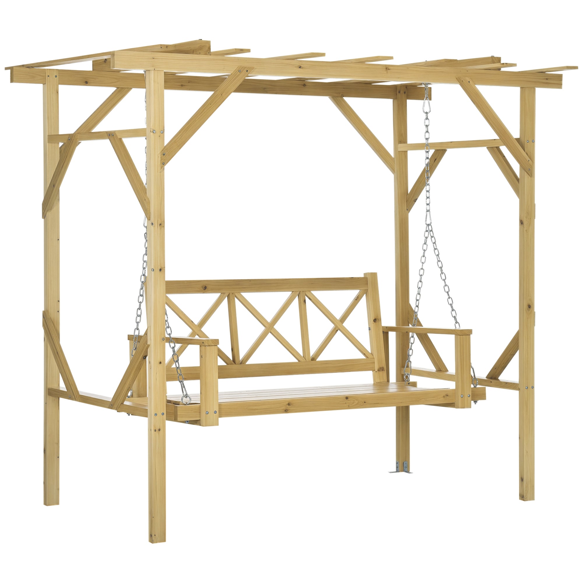 Hollywood Swing Bench with Pergola, 2-Seater Garden Swing, Weather-Resistant Bench for Garden, Balcony, Solid Wood, Natural, 221 x 140 x 196 cm