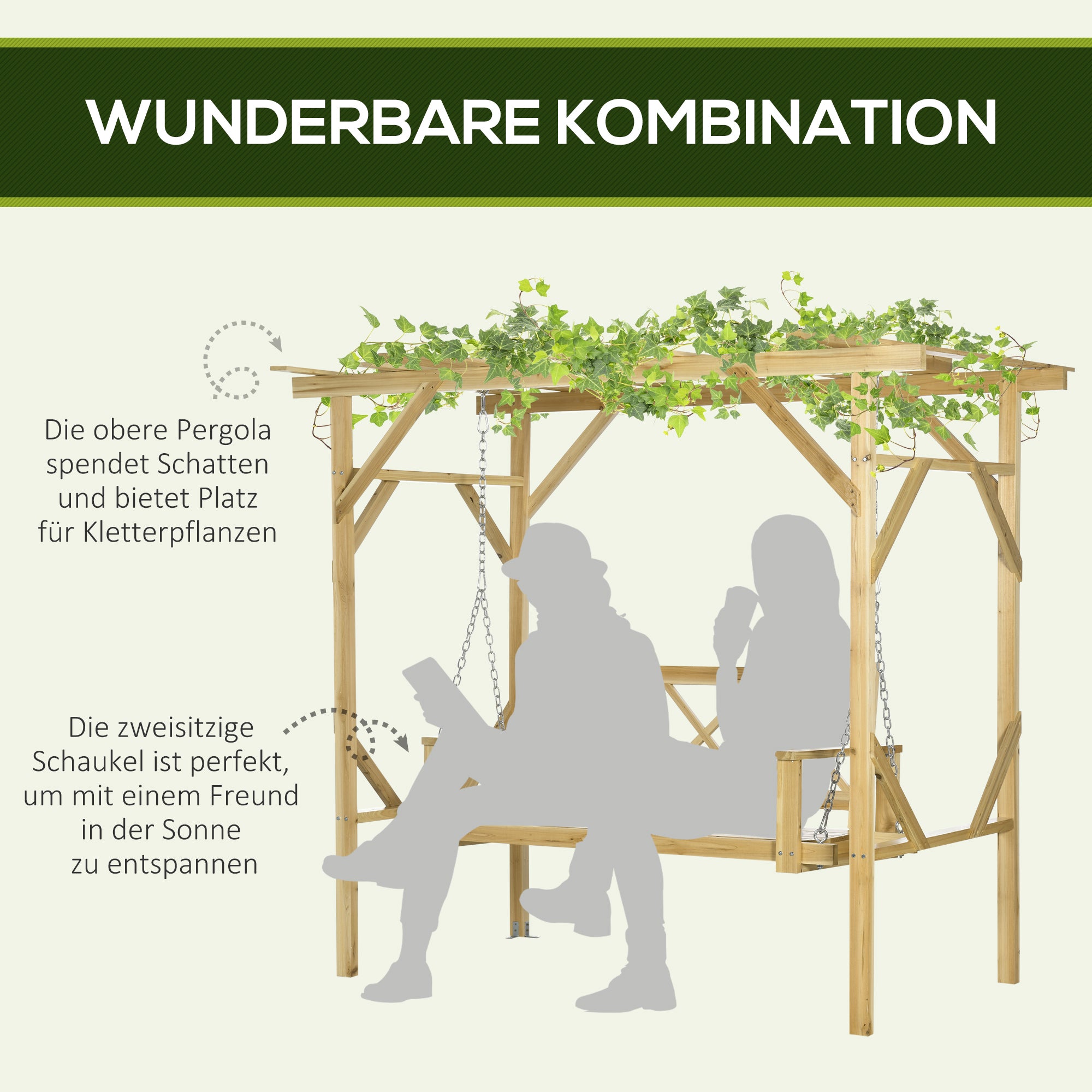 Hollywood Swing Bench with Pergola, 2-Seater Garden Swing, Weather-Resistant Bench for Garden, Balcony, Solid Wood, Natural, 221 x 140 x 196 cm