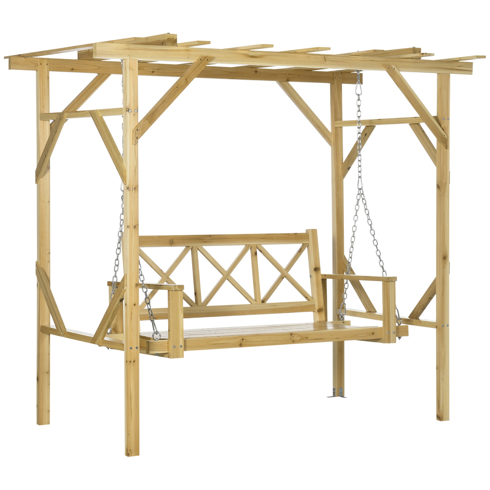 Hollywood Swing Bench with Pergola, 2-Seater Garden Swing, Weather-Resistant Bench for Garden, Balcony, Solid Wood, Natural, 221 x 140 x 196 cm
