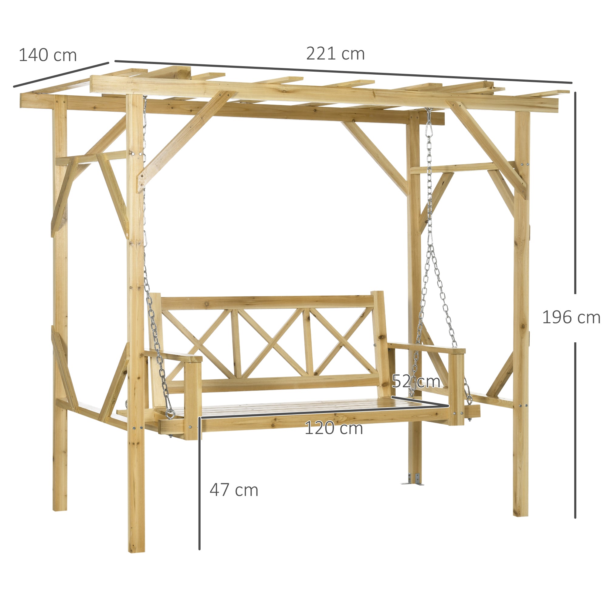 Hollywood Swing Bench with Pergola, 2-Seater Garden Swing, Weather-Resistant Bench for Garden, Balcony, Solid Wood, Natural, 221 x 140 x 196 cm