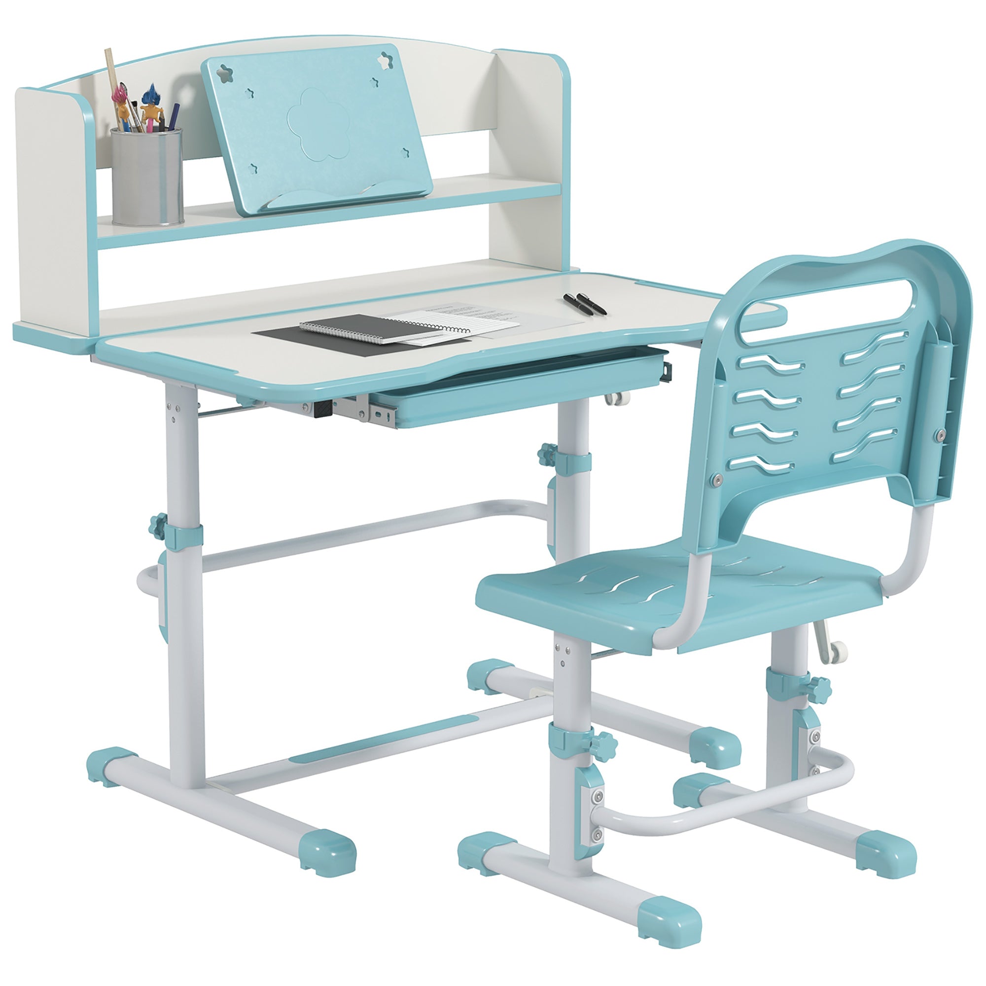 ZONEKIZ Children's Desk with Chair, Adjustable School Desk Set with Height-Adjustable Drawer and Inclining Surface, Age 6-12 Years, Blue