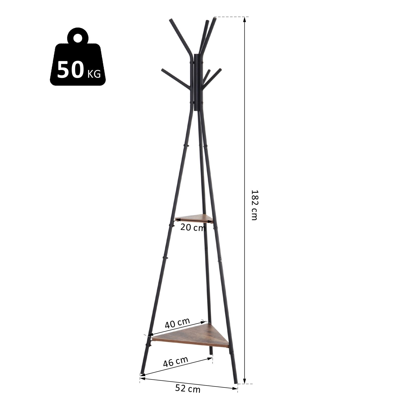 Metal Coat Rack Tree-Shaped Coat Rack for Hanging Clothes Bags Hat 6 Hooks with 2 Shelves 32.5x45.5x182cm