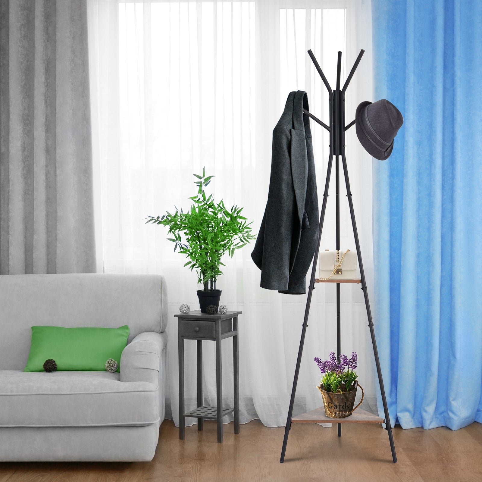 Metal Coat Rack Tree-Shaped Coat Rack for Hanging Clothes Bags Hat 6 Hooks with 2 Shelves 32.5x45.5x182cm