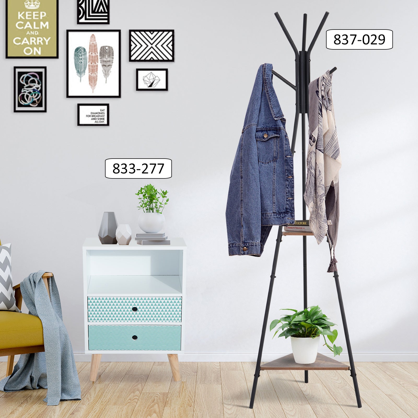 Metal Coat Rack Tree-Shaped Coat Rack for Hanging Clothes Bags Hat 6 Hooks with 2 Shelves 32.5x45.5x182cm