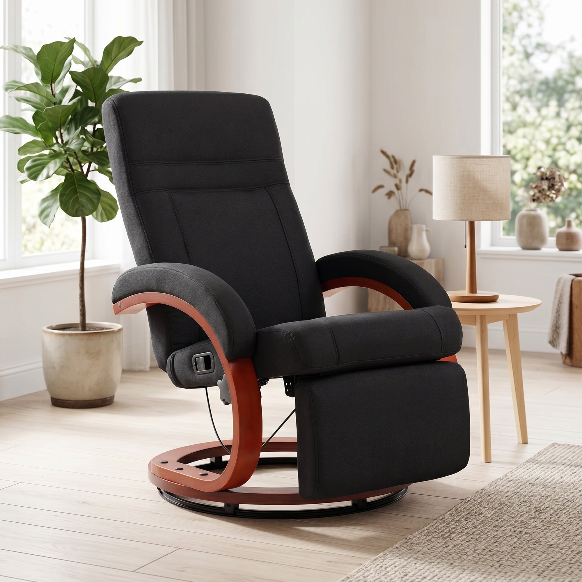 Reclining Armchair with Footrest – High-Back TV Chair, Ergonomic Armrests, Eucalyptus Wood Base, Linen-Look Fabric, Recliner for Living Room & Bedroom (Black)