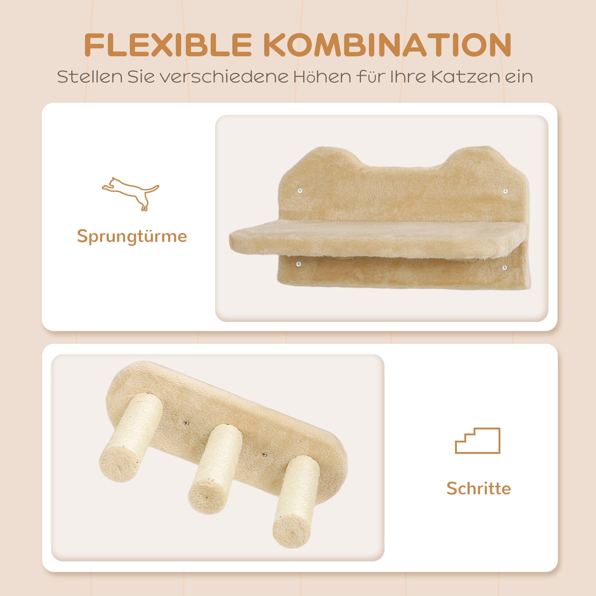 Cat Climbing Wall Set, 3-Piece Cat Furniture with Scratching Post, Perches, Ladder, Steps, Scratching Board, for Cats up to 5 kg, Sisal, Beige