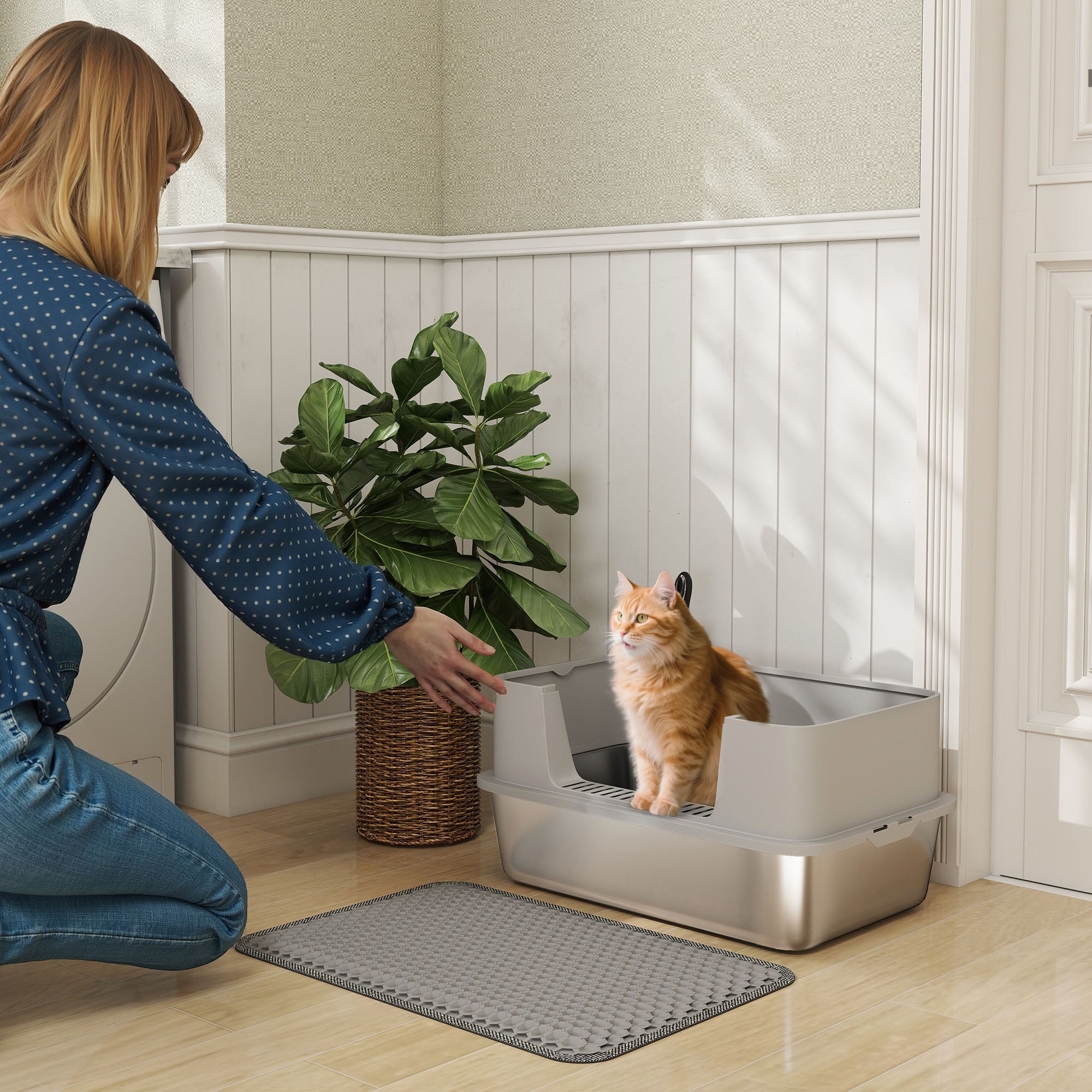 Stainless Steel Open Cat Litter Box with Scoop, High Sides & Mat, XXL for Cats up to 15.4 lb (23.7 x 15.8 x 11.6 in), Gray