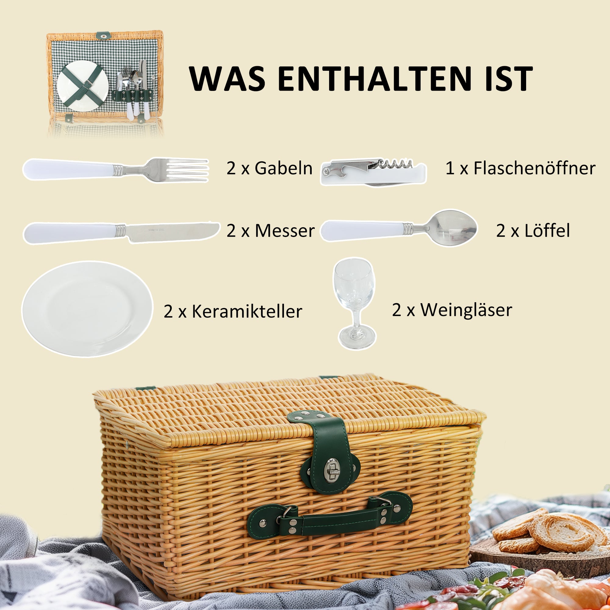 Willow Picnic Basket Set for 2 with Insulated Cooler Bag Tableware Set, Complete Picnic Set for Camping Beach Christmas Light Brown