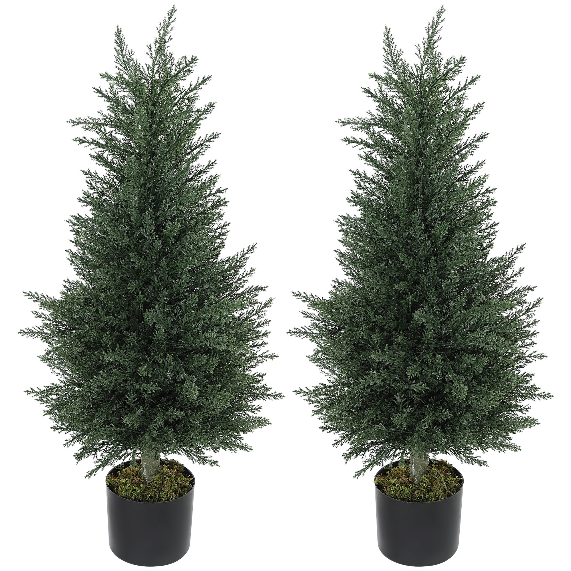 Set of 2 Artificial Cypress Trees, 35.4 in Faux Plants with Moss in Pots, UV-Resistant — Realistic PE Leaves for Indoor & Outdoor Decor