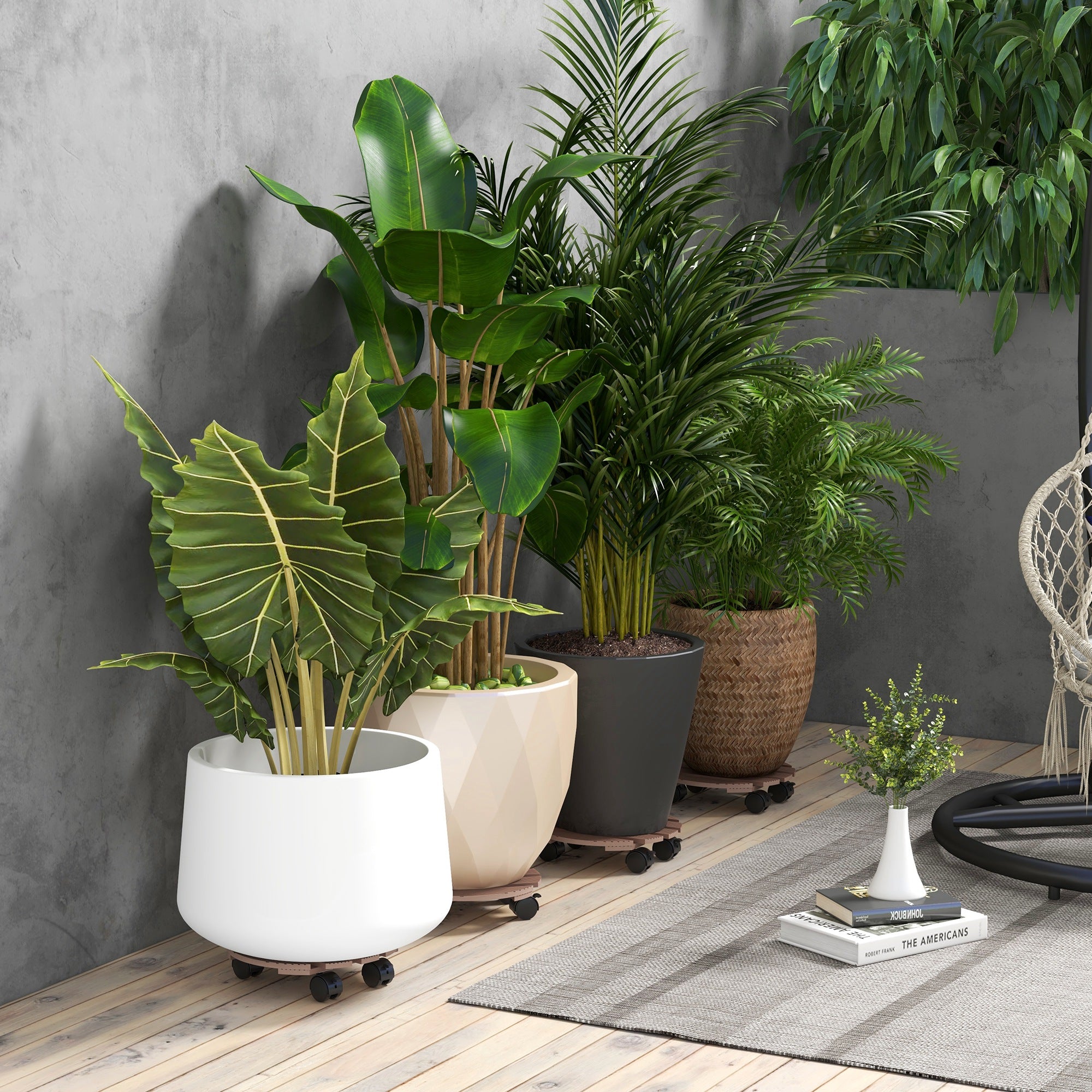 Set of 4 Round Plant Stands with Wheels - Flower Pot Holder Rolling Stand, for Indoor and Outdoor Use