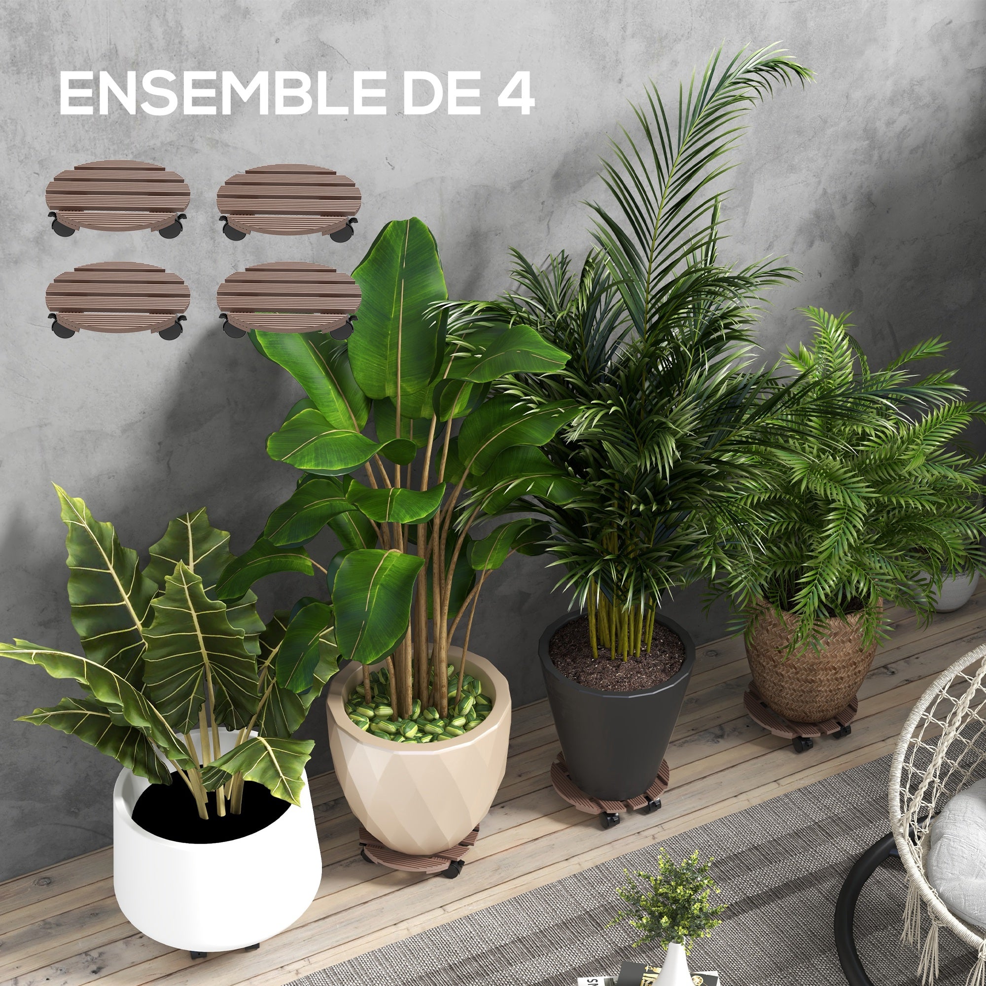 Set of 4 Round Plant Stands with Wheels - Flower Pot Holder Rolling Stand, for Indoor and Outdoor Use