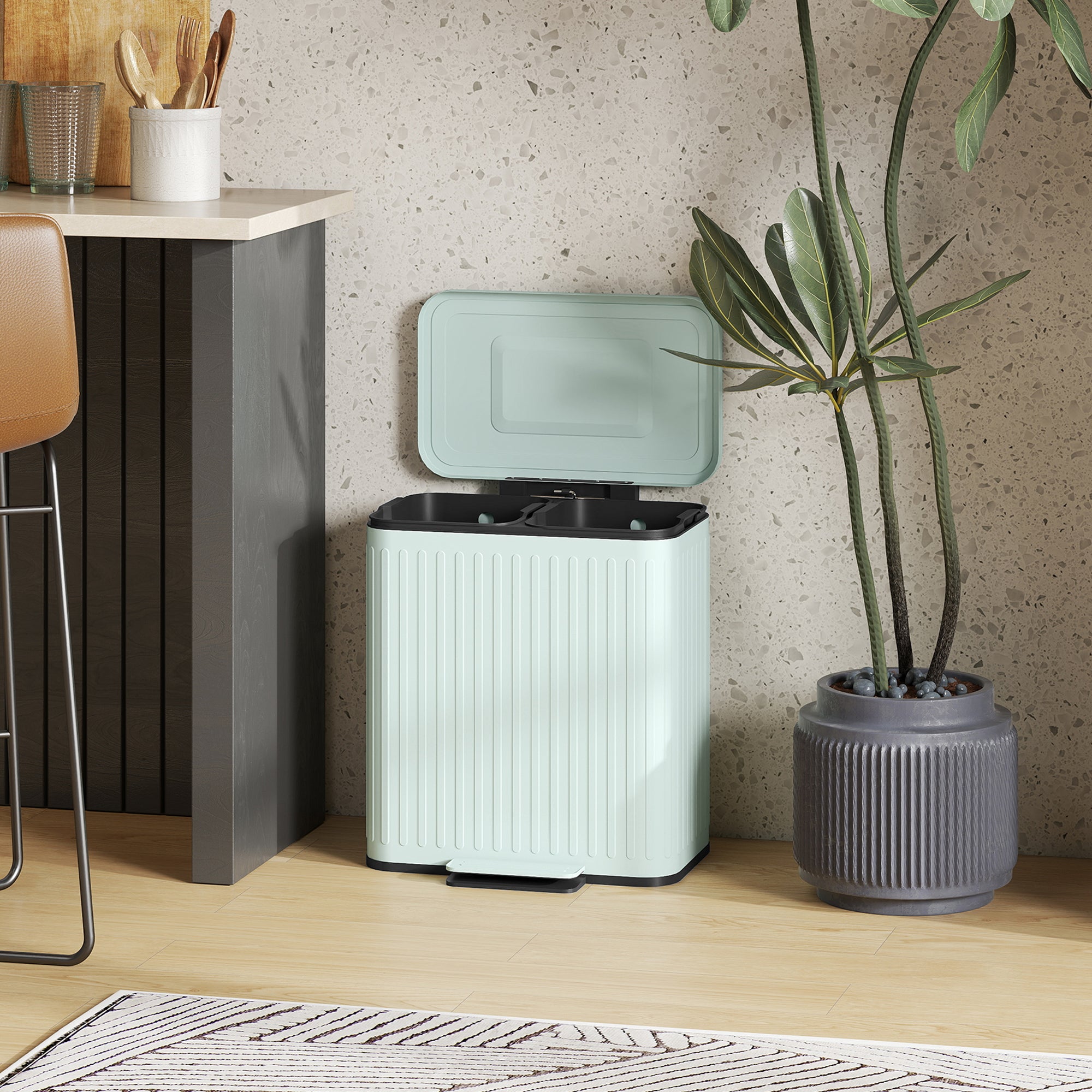 40L Dual-Compartment Pedal Trash Can — 2 x 20L Recycling System, Soft-Close Lid, Stay-Open Function, Removable Inner Buckets — Green