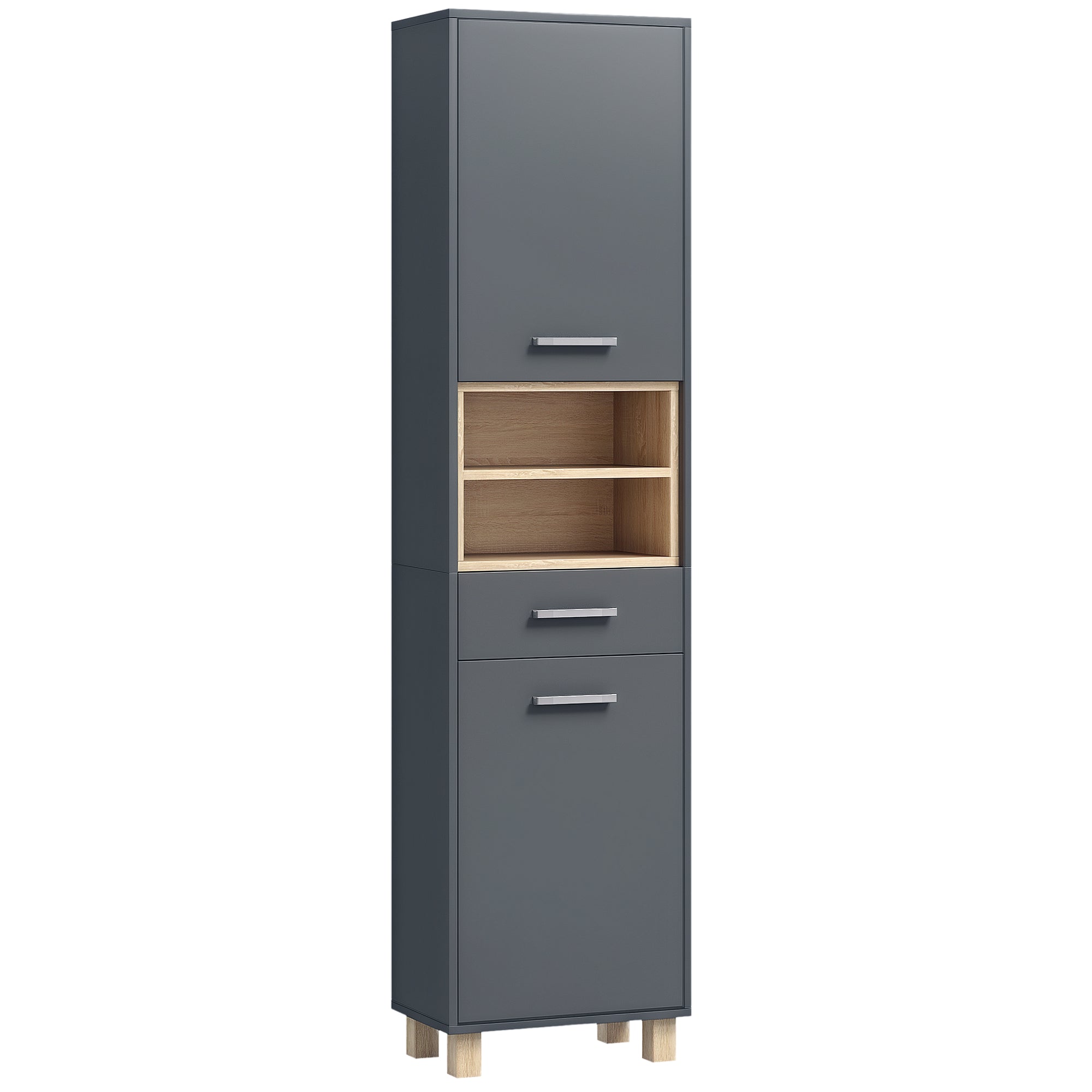 Bathroom Cabinet, Bathroom Storage with 2 Cabinets, Drawer and 2 Open Shelves, Tall Cabinet for Living Room, Kitchen - 40 x 24 x 160 cm, Gray