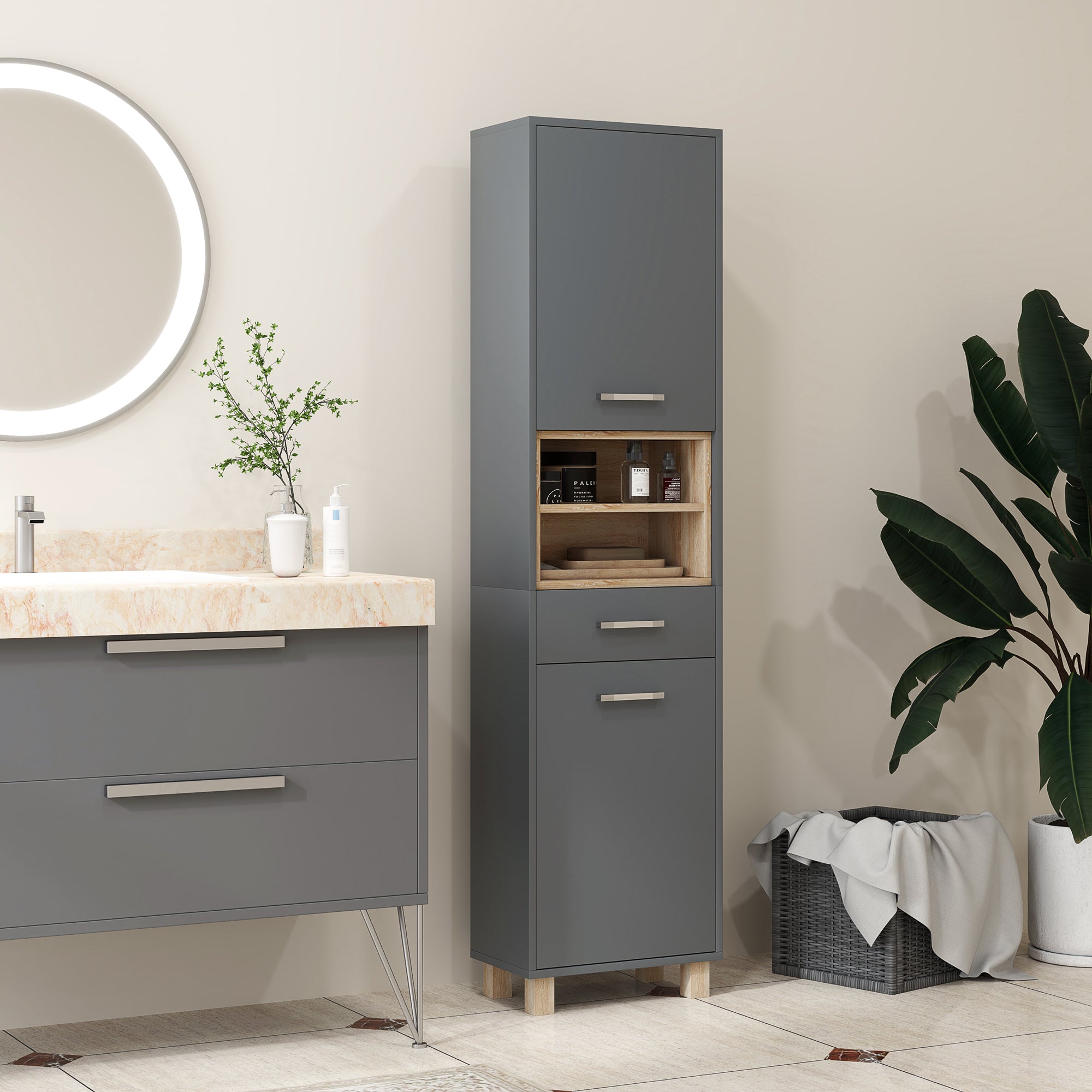 Bathroom Cabinet, Bathroom Storage with 2 Cabinets, Drawer and 2 Open Shelves, Tall Cabinet for Living Room, Kitchen - 40 x 24 x 160 cm, Gray