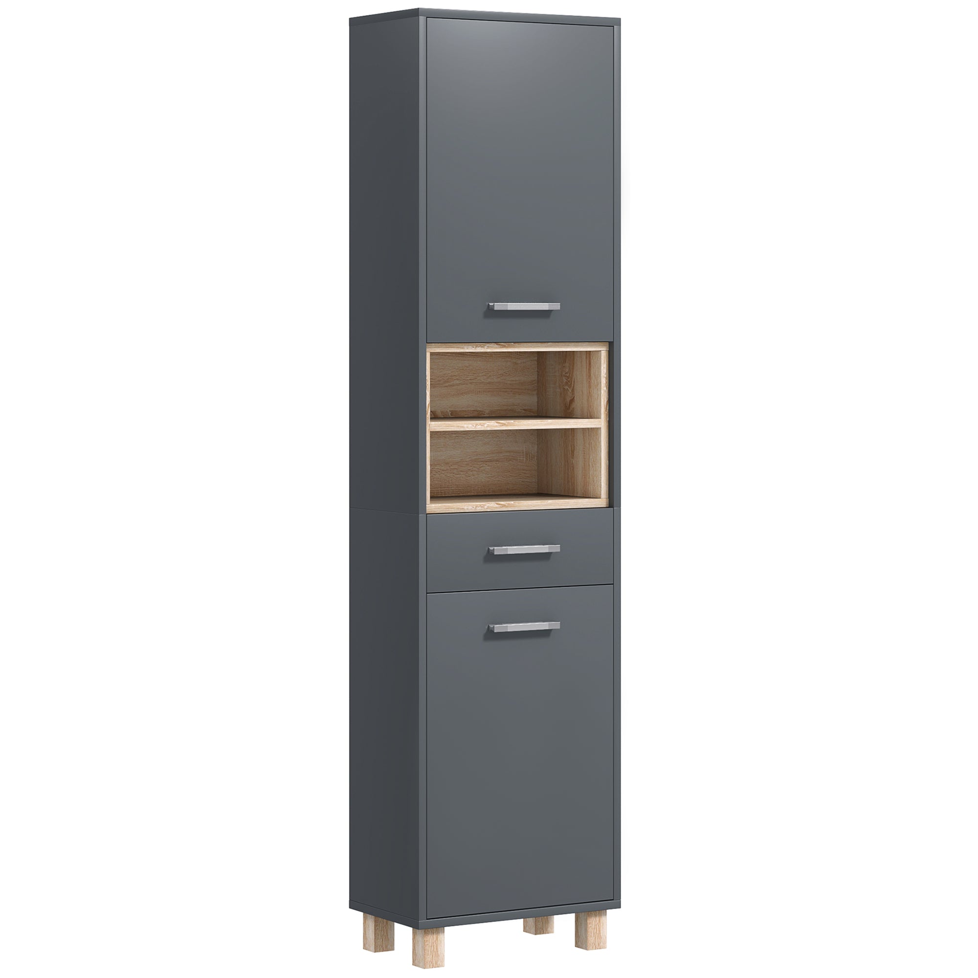 Bathroom Cabinet, Bathroom Storage with 2 Cabinets, Drawer and 2 Open Shelves, Tall Cabinet for Living Room, Kitchen - 40 x 24 x 160 cm, Gray