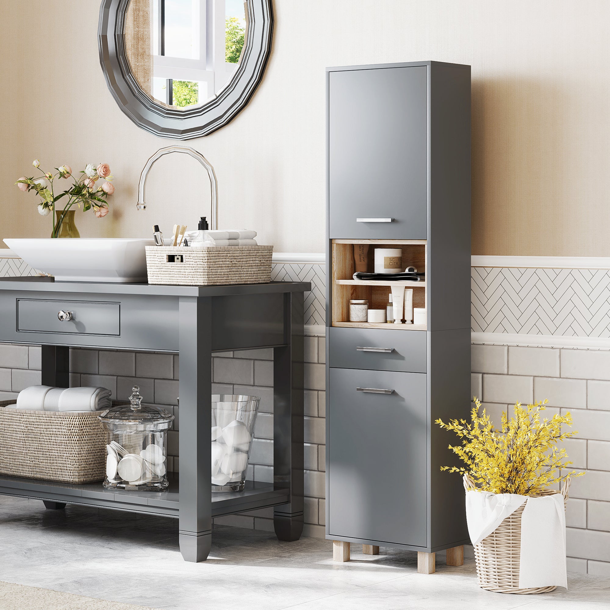 Bathroom Cabinet, Bathroom Storage with 2 Cabinets, Drawer and 2 Open Shelves, Tall Cabinet for Living Room, Kitchen - 40 x 24 x 160 cm, Gray