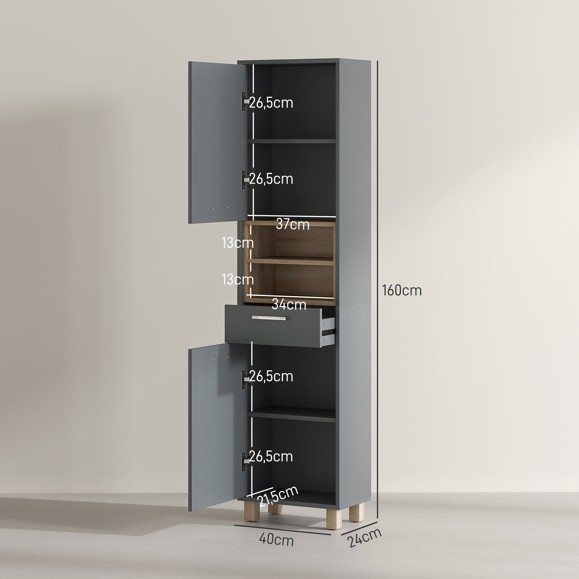 Bathroom Cabinet, Bathroom Storage with 2 Cabinets, Drawer and 2 Open Shelves, Tall Cabinet for Living Room, Kitchen - 40 x 24 x 160 cm, Gray