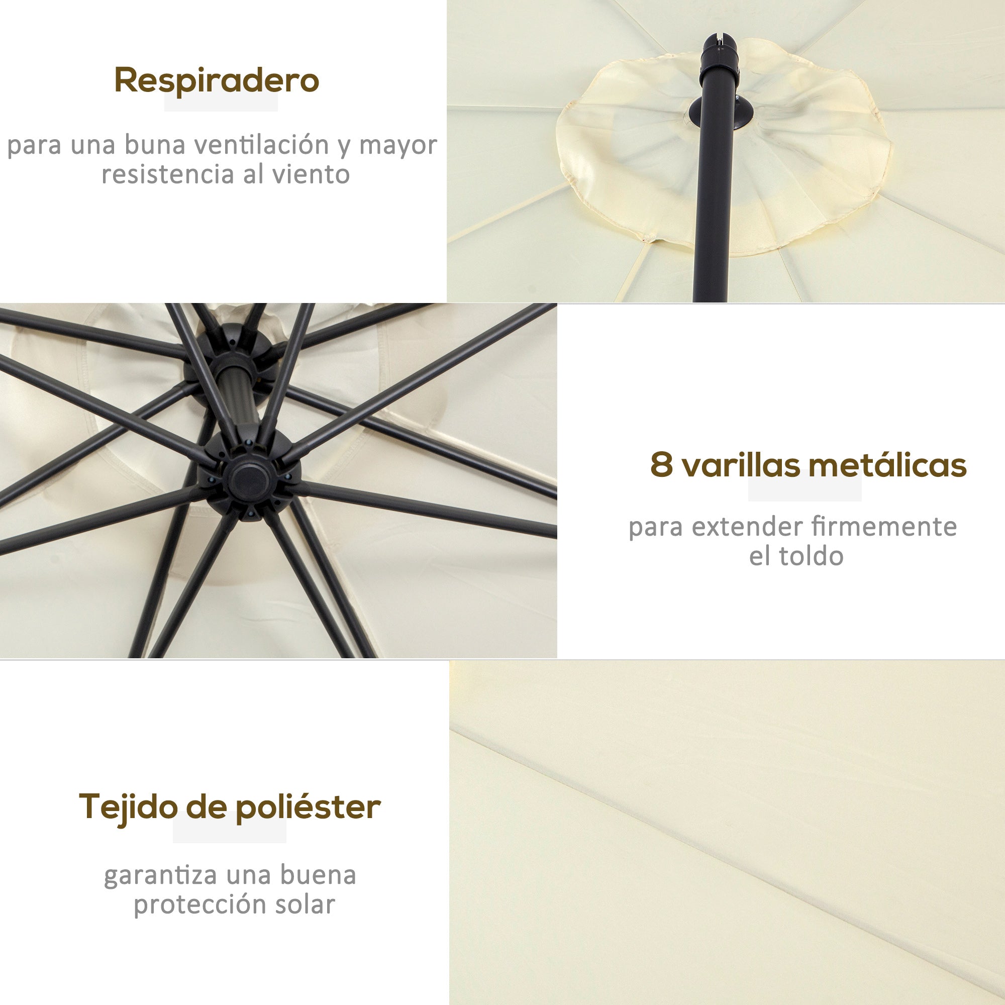 Garden Umbrella Ø300x250 cm Offset Tilted Parasol with Crank Cross Base and 8 Metal Rods for Outdoor Terrace Balcony Beige