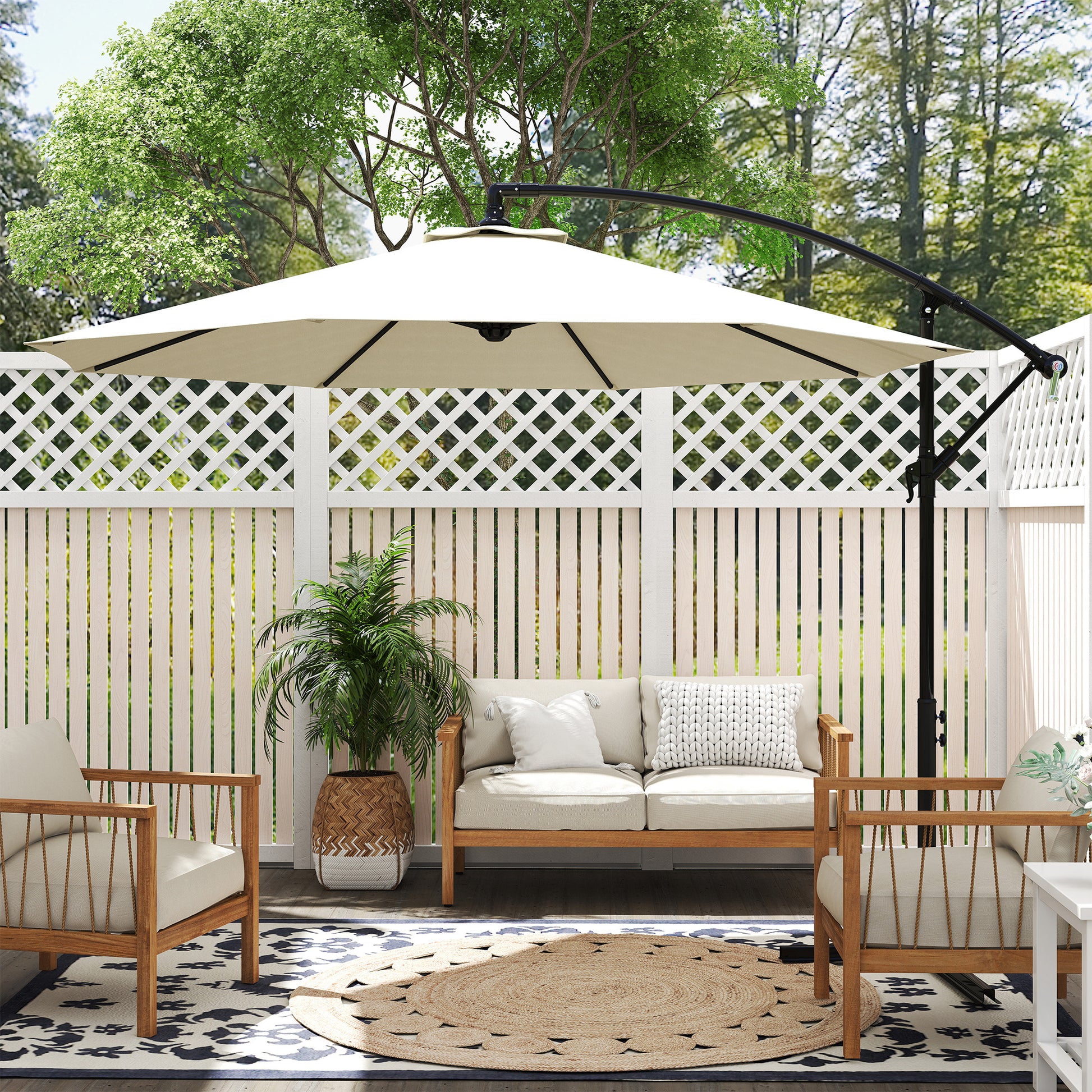 Garden Umbrella Ø300x250 cm Offset Tilted Parasol with Crank Cross Base and 8 Metal Rods for Outdoor Terrace Balcony Beige