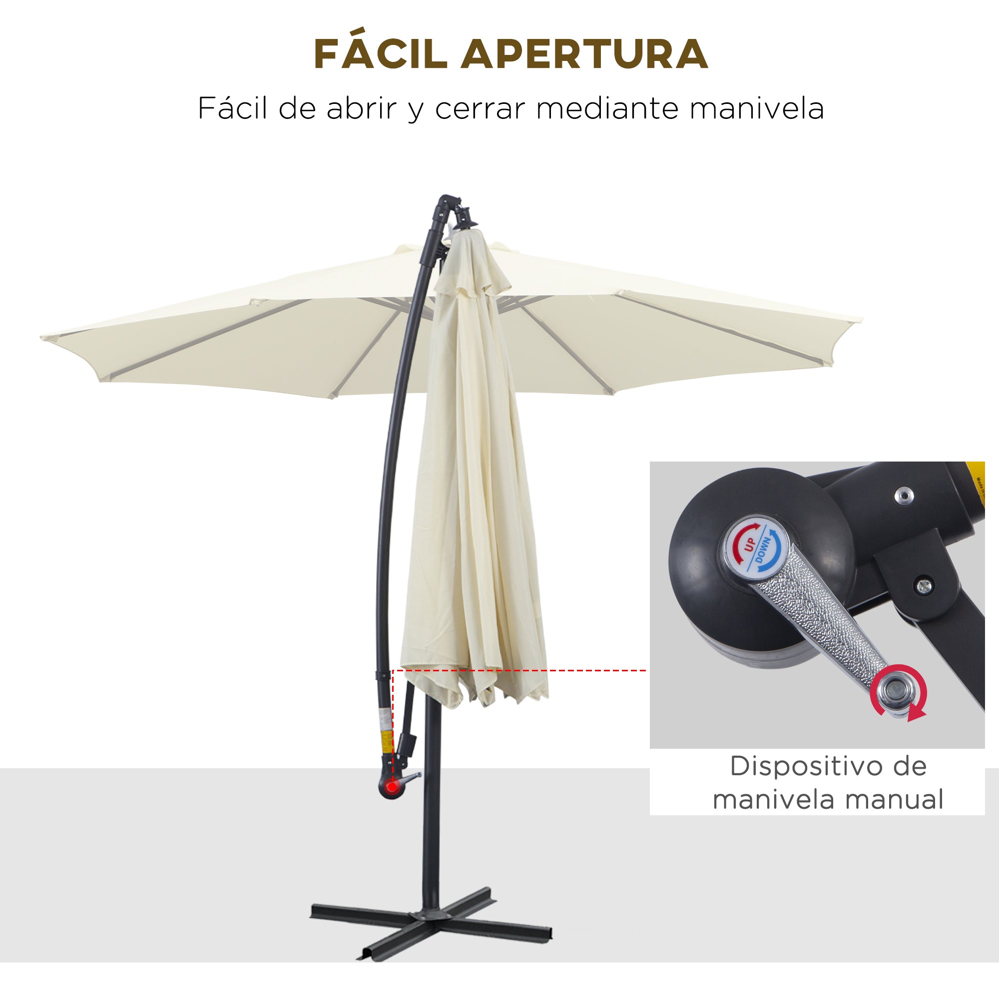 Garden Umbrella Ø300x250 cm Offset Tilted Parasol with Crank Cross Base and 8 Metal Rods for Outdoor Terrace Balcony Beige