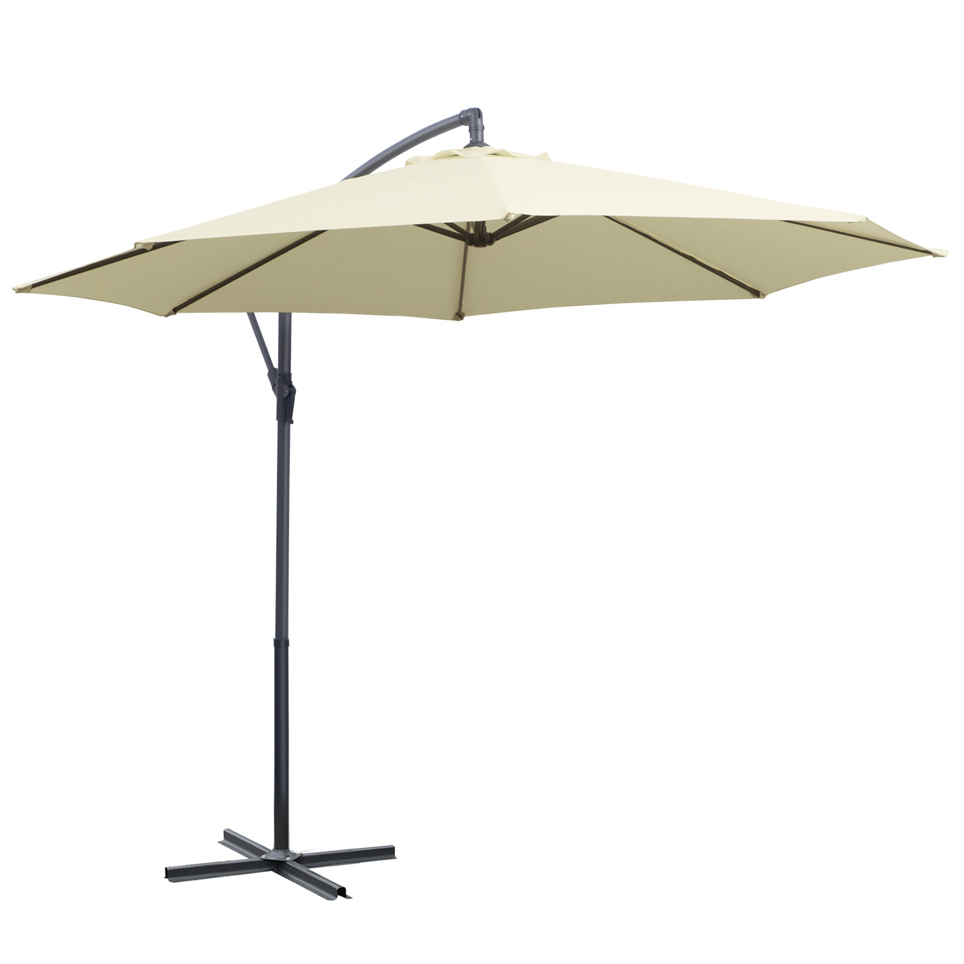 Garden Umbrella Ø300x250 cm Offset Tilted Parasol with Crank Cross Base and 8 Metal Rods for Outdoor Terrace Balcony Beige