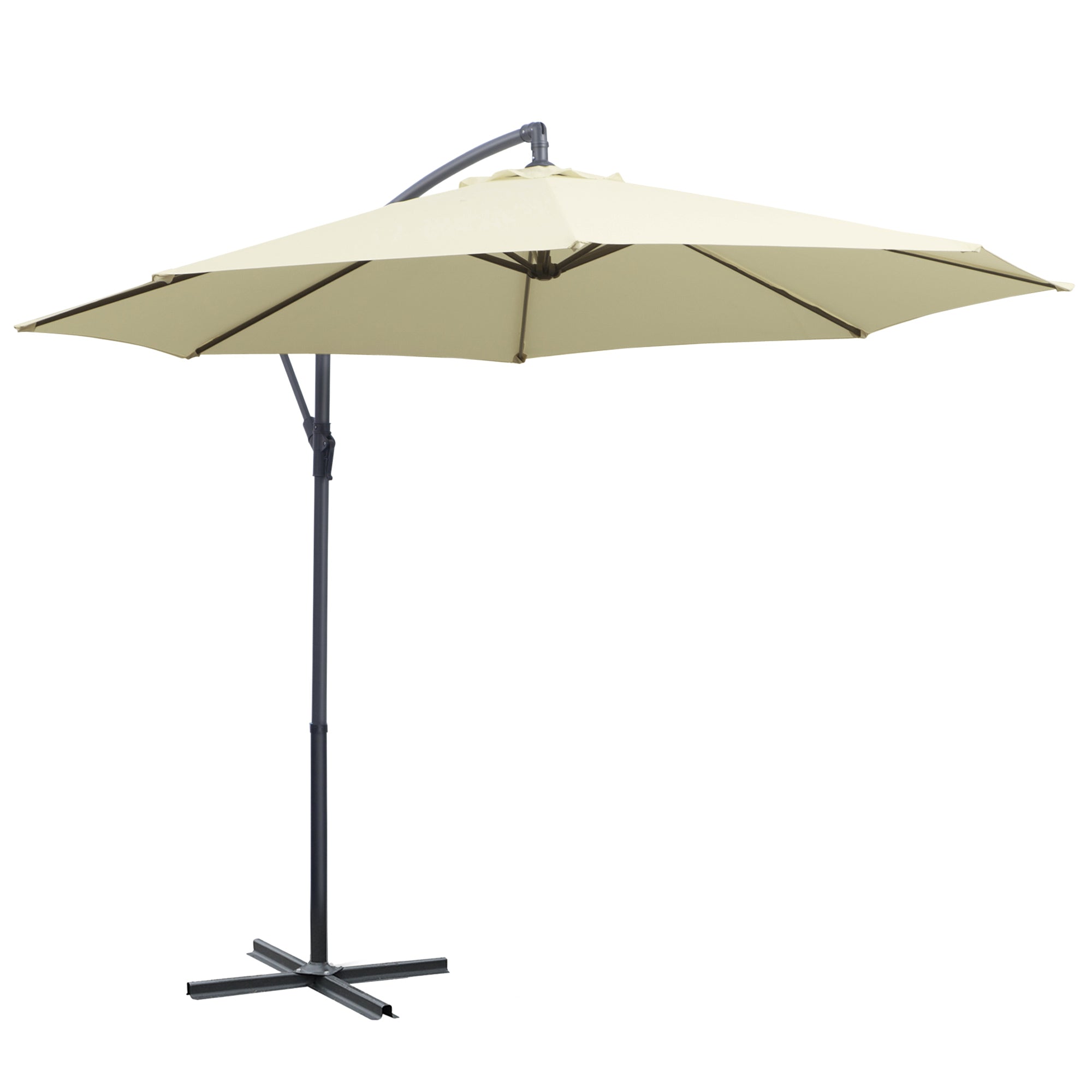 Garden Umbrella Ø300x250 cm Offset Tilted Parasol with Crank Cross Base and 8 Metal Rods for Outdoor Terrace Balcony Beige