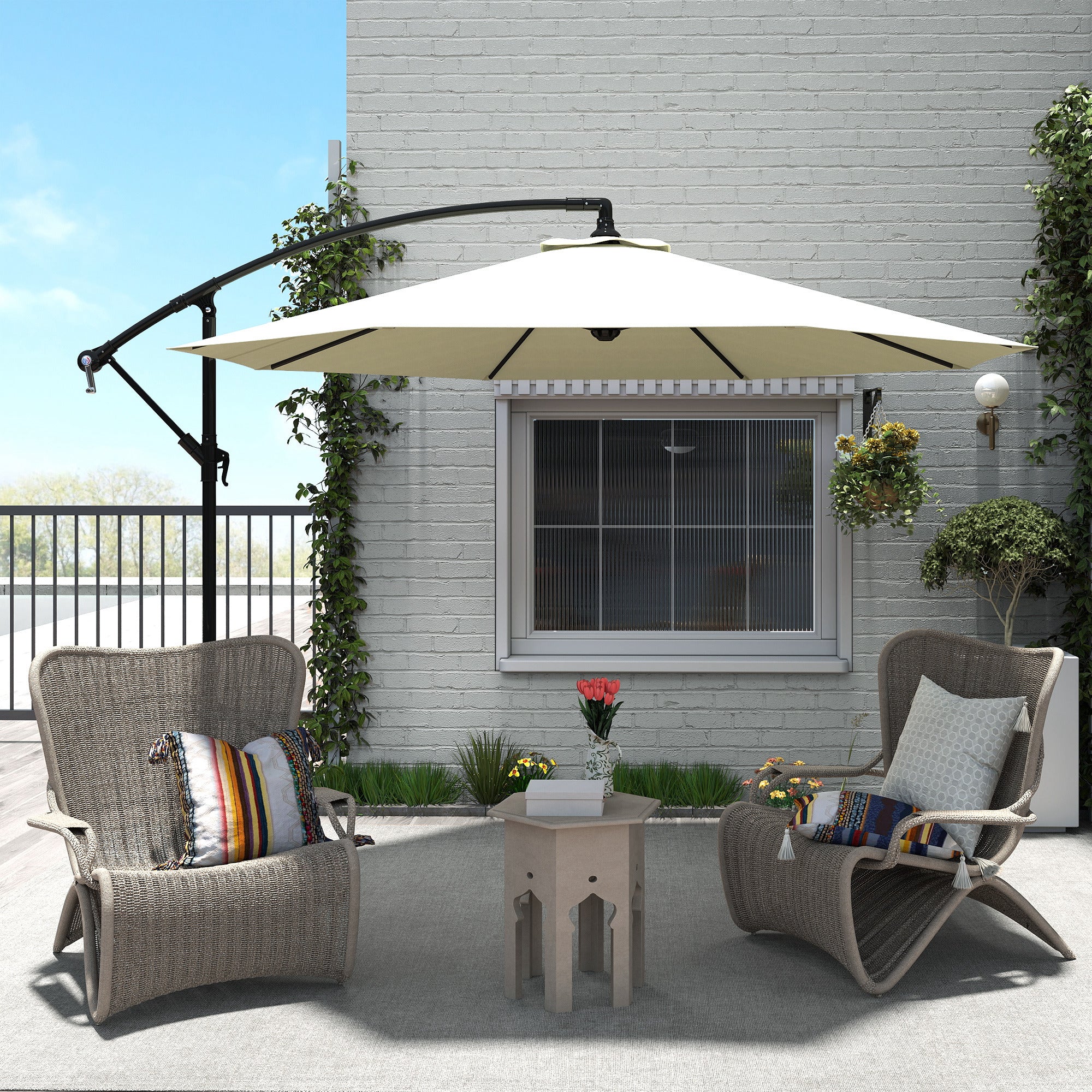 Garden Umbrella Ø300x250 cm Offset Tilted Parasol with Crank Cross Base and 8 Metal Rods for Outdoor Terrace Balcony Beige