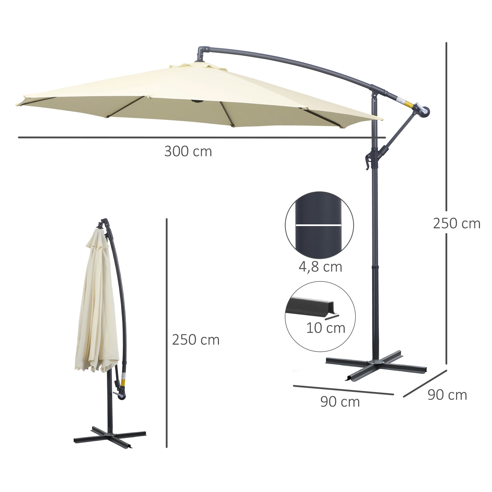 Garden Umbrella Ø300x250 cm Offset Tilted Parasol with Crank Cross Base and 8 Metal Rods for Outdoor Terrace Balcony Beige