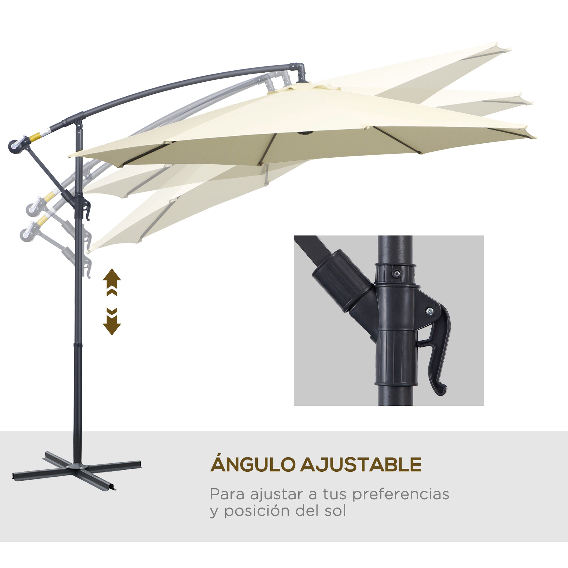 Garden Umbrella Ø300x250 cm Offset Tilted Parasol with Crank Cross Base and 8 Metal Rods for Outdoor Terrace Balcony Beige