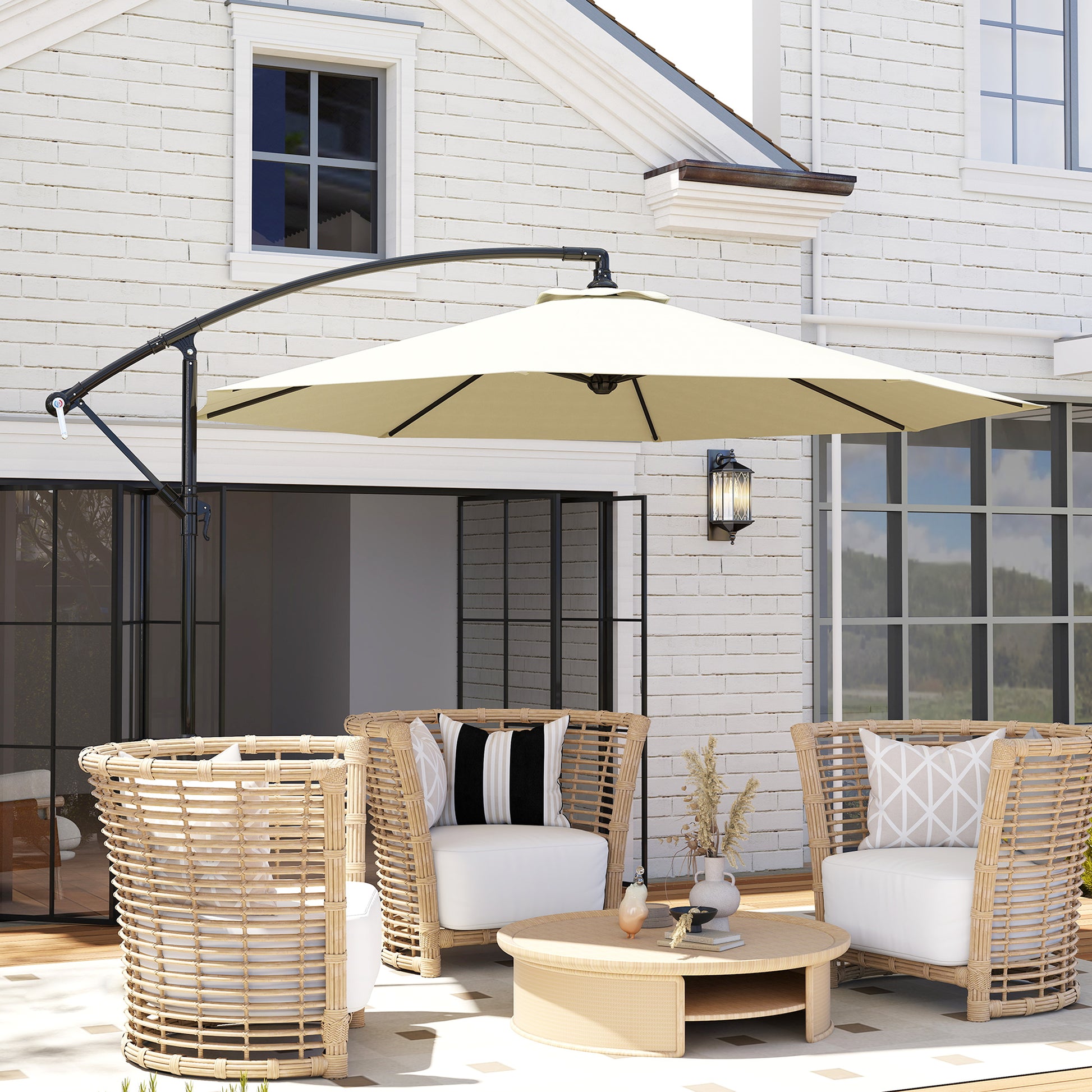 Garden Umbrella Ø300x250 cm Offset Tilted Parasol with Crank Cross Base and 8 Metal Rods for Outdoor Terrace Balcony Beige