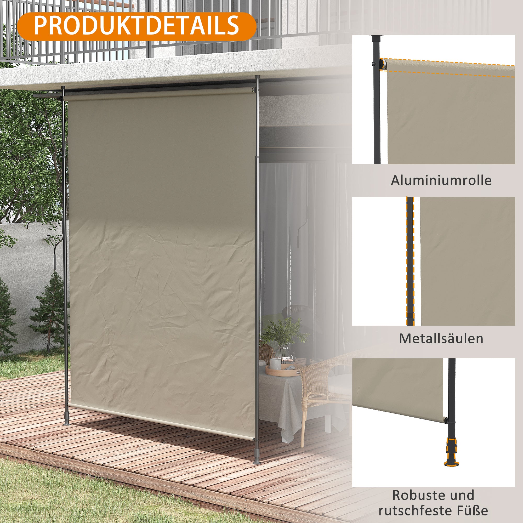 Vertical Awning, Vertical Awning with Hand Crank, Waterproof Privacy Screen, Retractable Sunshade UV Resistant, Adjustable Side Awning, 200 x 215-305 cm for Balcony, Terrace, Sand