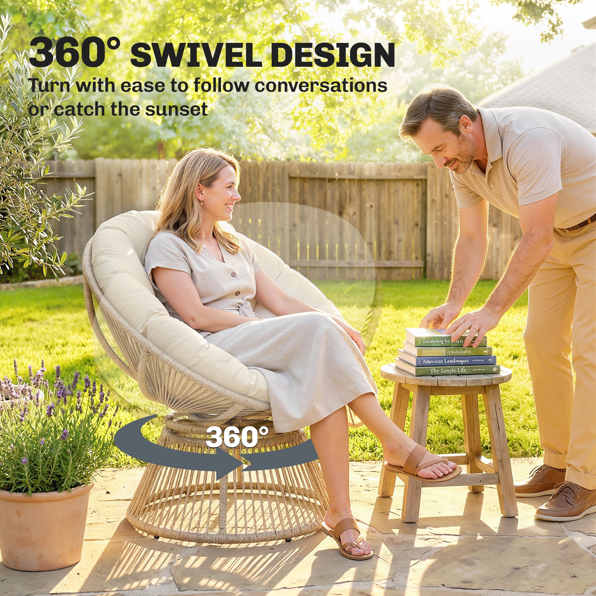 360° Swivel Papasan Chair with Cushion, Round PE Rattan Lounger on Steel Frame — Cream White