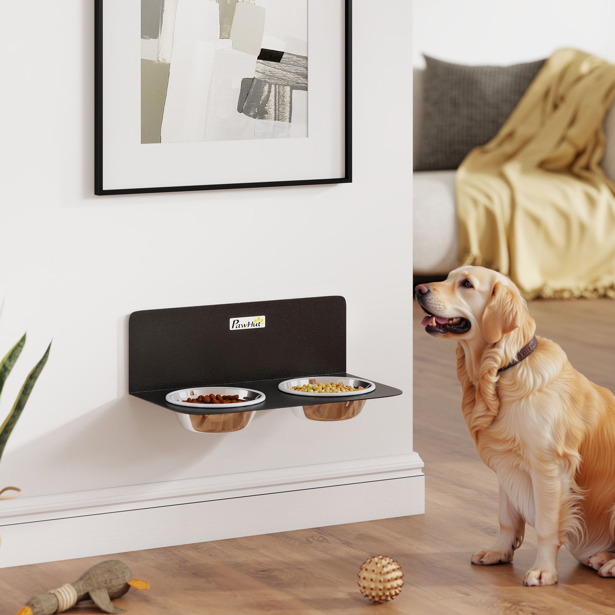 Wall-Mounted Adjustable Dog Feeder — 2 x 27 fl oz Stainless Steel Bowls, Black