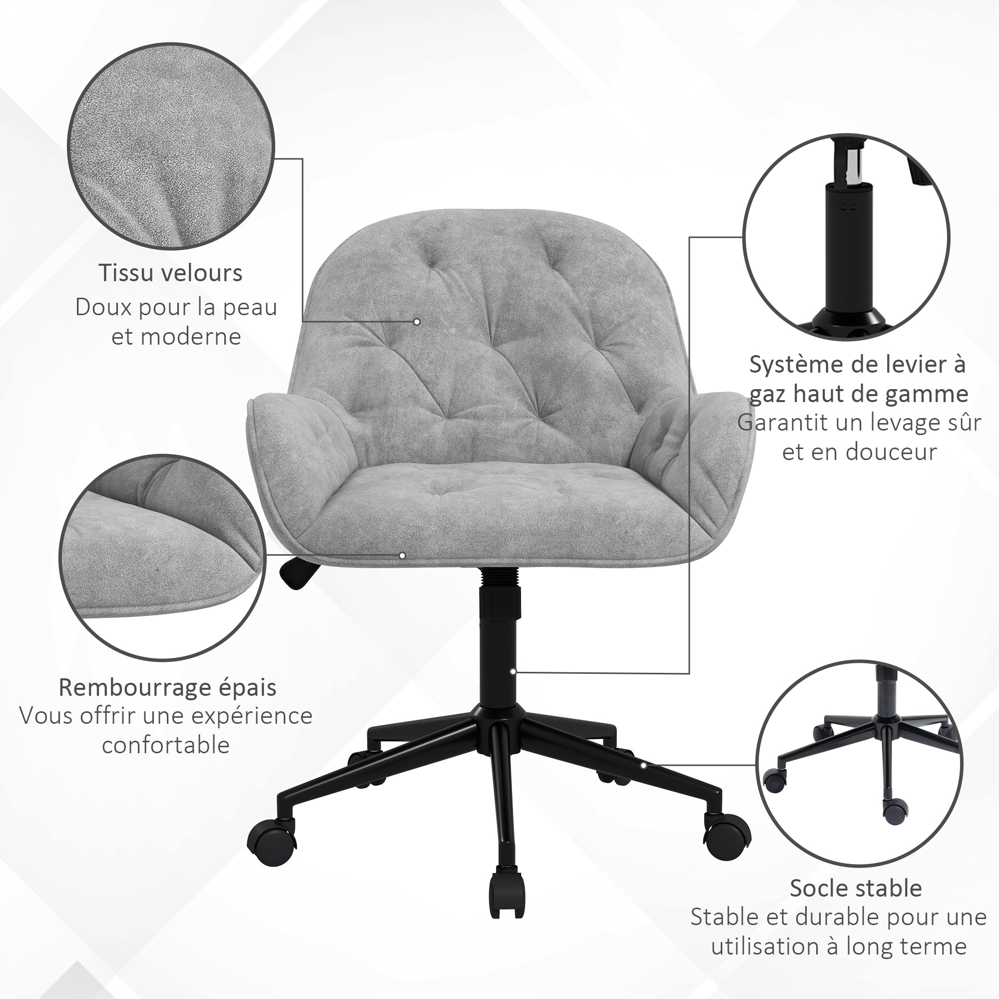 Office Chair, Velvet-like Fabric Desk Chair, 360° Swivel Seat, Height Adjustable, Rounded Back Ergonomic Chair 120 kg Load Capacity for Bedroom, Living Room, Light Gray