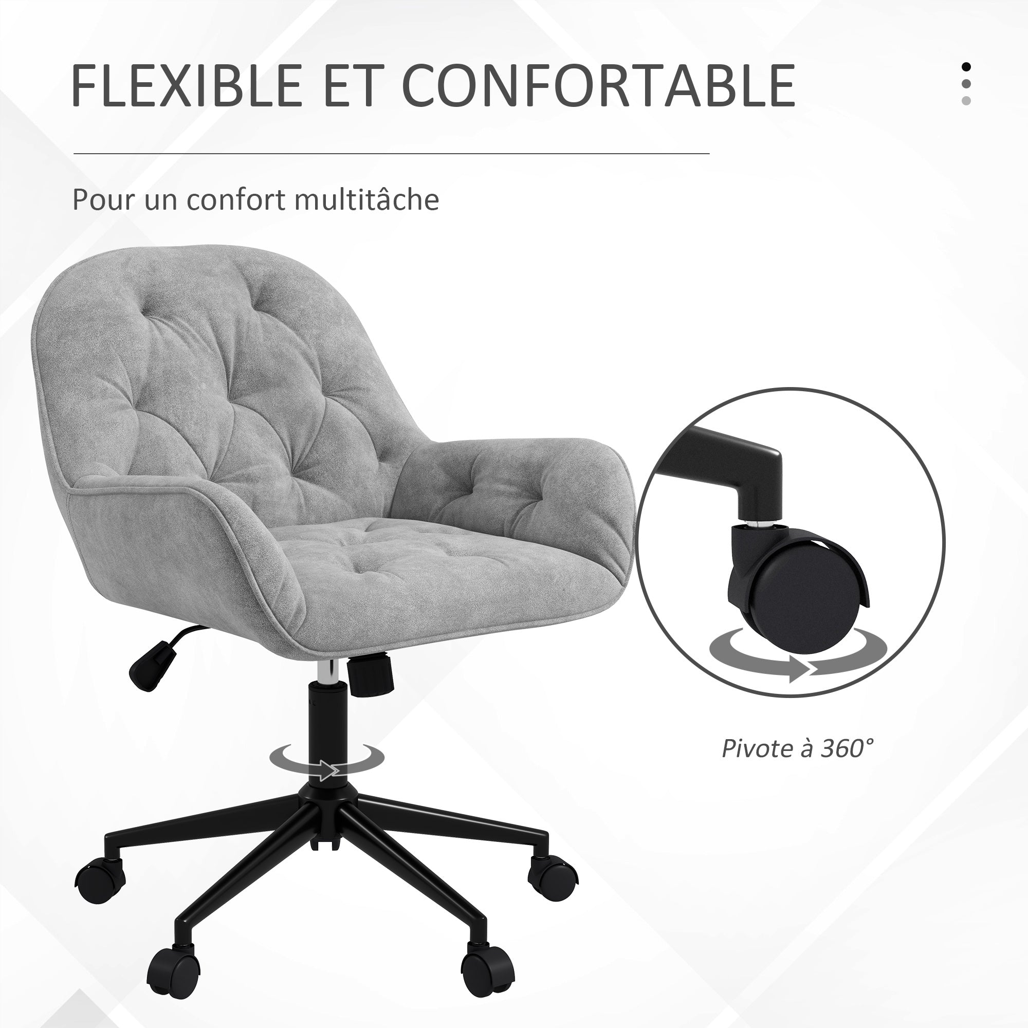 Office Chair, Velvet-like Fabric Desk Chair, 360° Swivel Seat, Height Adjustable, Rounded Back Ergonomic Chair 120 kg Load Capacity for Bedroom, Living Room, Light Gray