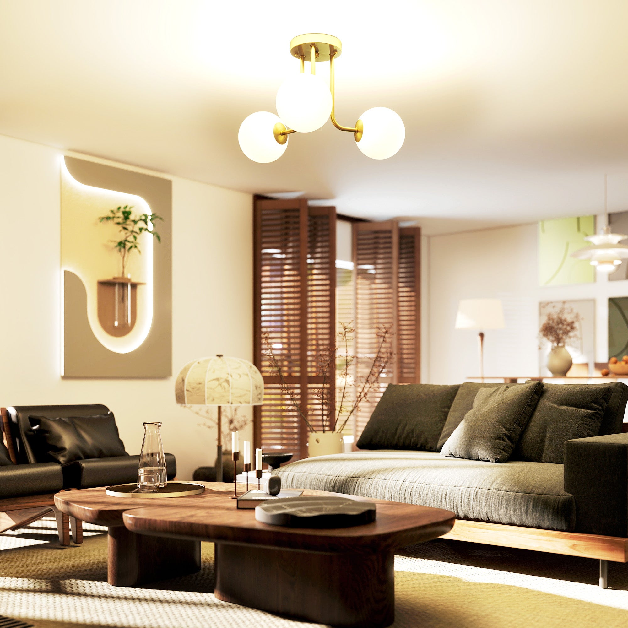 Vintage 3-Light Gold Ceiling Light with G9 Sockets for Living Room and Lounge, 42 x 42 x 26.5 cm (16.5 x 16.5 x 10.4 in), Bulbs Not Included