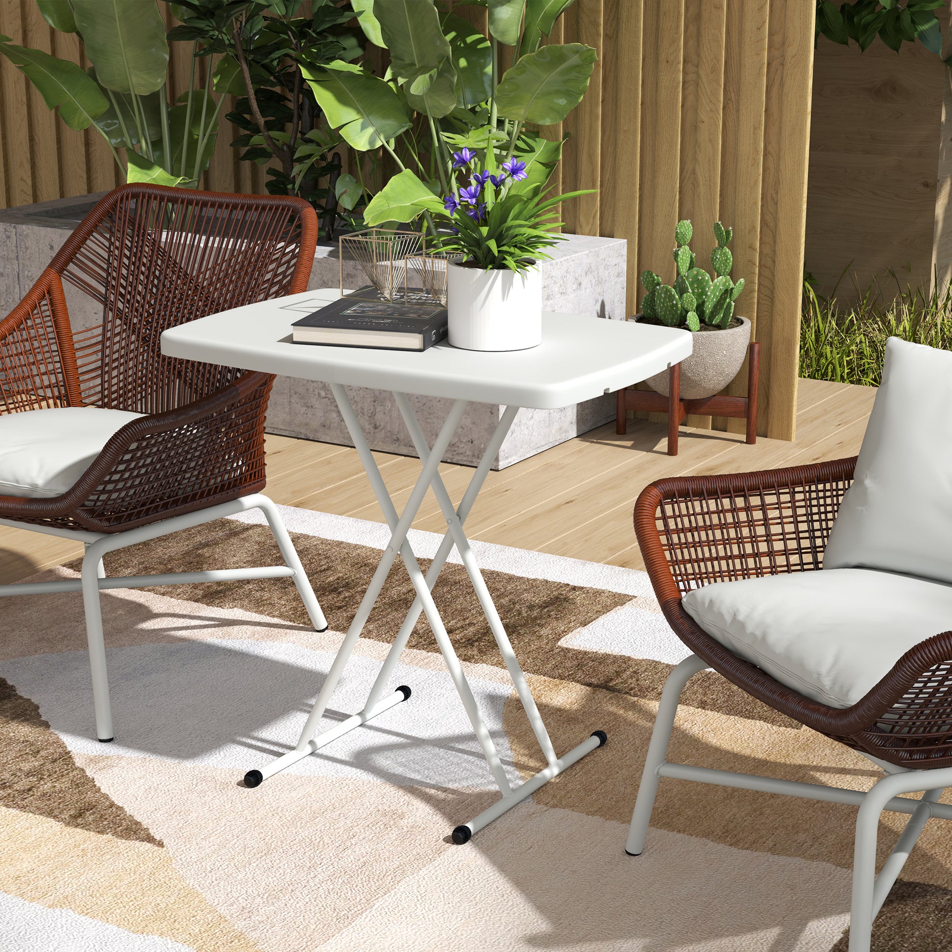 Side Table Garden Adjustable Height Outdoor Table, Foldable Plastic Balcony Table, Rectangular Coffee Table 50kg Capacity, 76x50x74H cm Coffee Table for Outdoor Indoor Balcony Terrace White