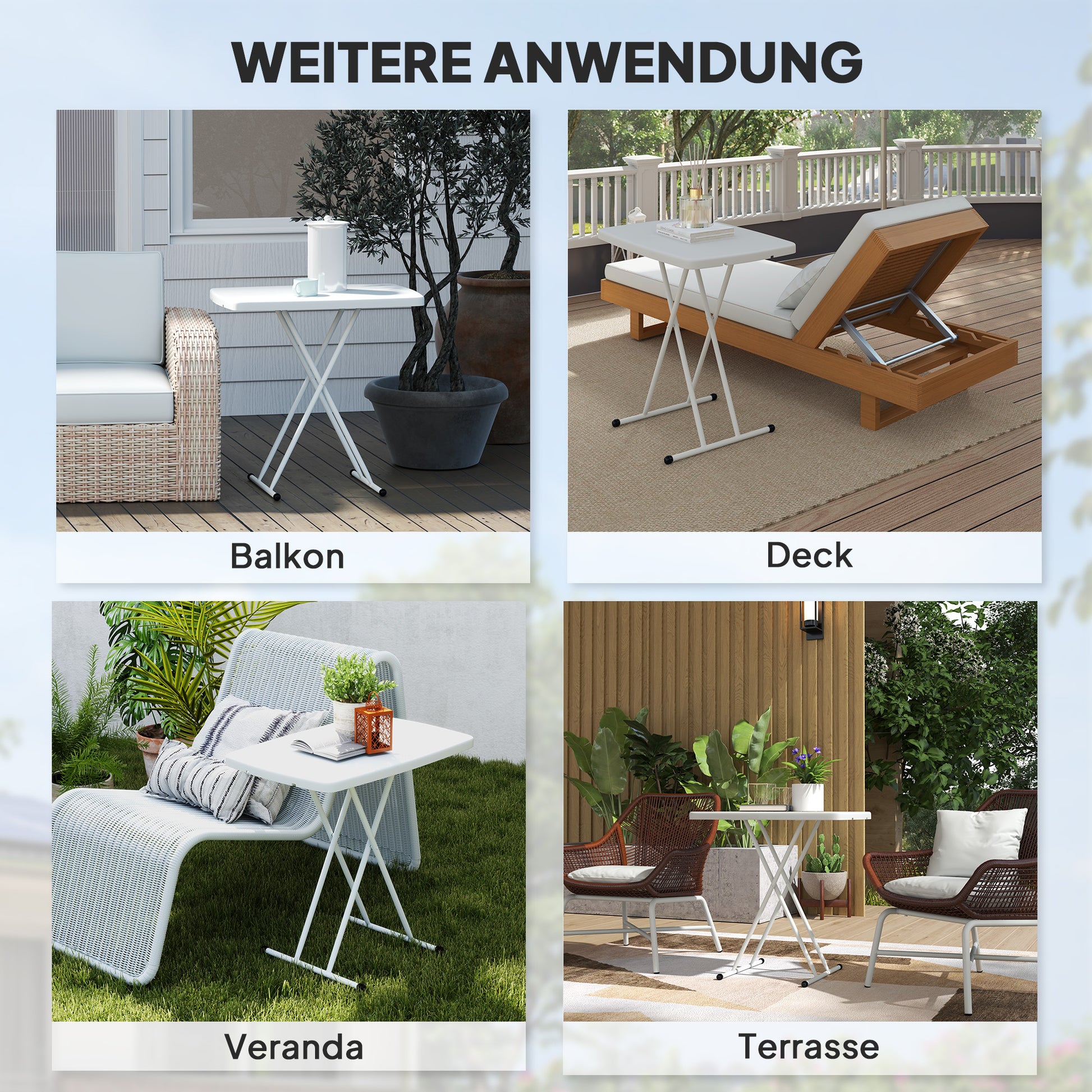 Side Table Garden Adjustable Height Outdoor Table, Foldable Plastic Balcony Table, Rectangular Coffee Table 50kg Capacity, 76x50x74H cm Coffee Table for Outdoor Indoor Balcony Terrace White
