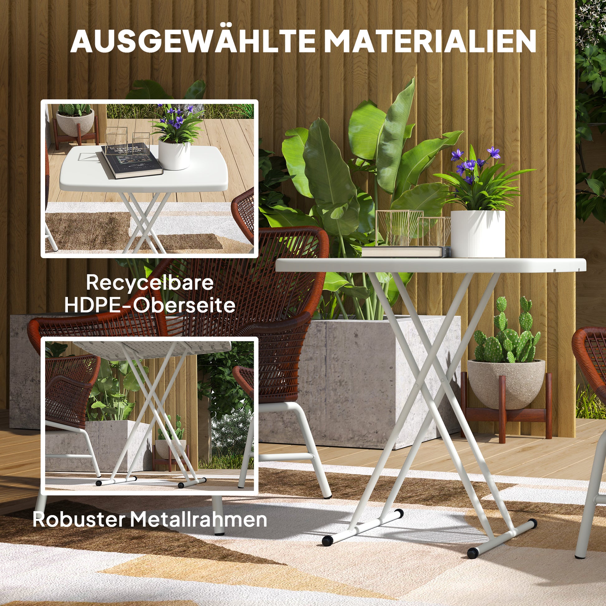Side Table Garden Adjustable Height Outdoor Table, Foldable Plastic Balcony Table, Rectangular Coffee Table 50kg Capacity, 76x50x74H cm Coffee Table for Outdoor Indoor Balcony Terrace White