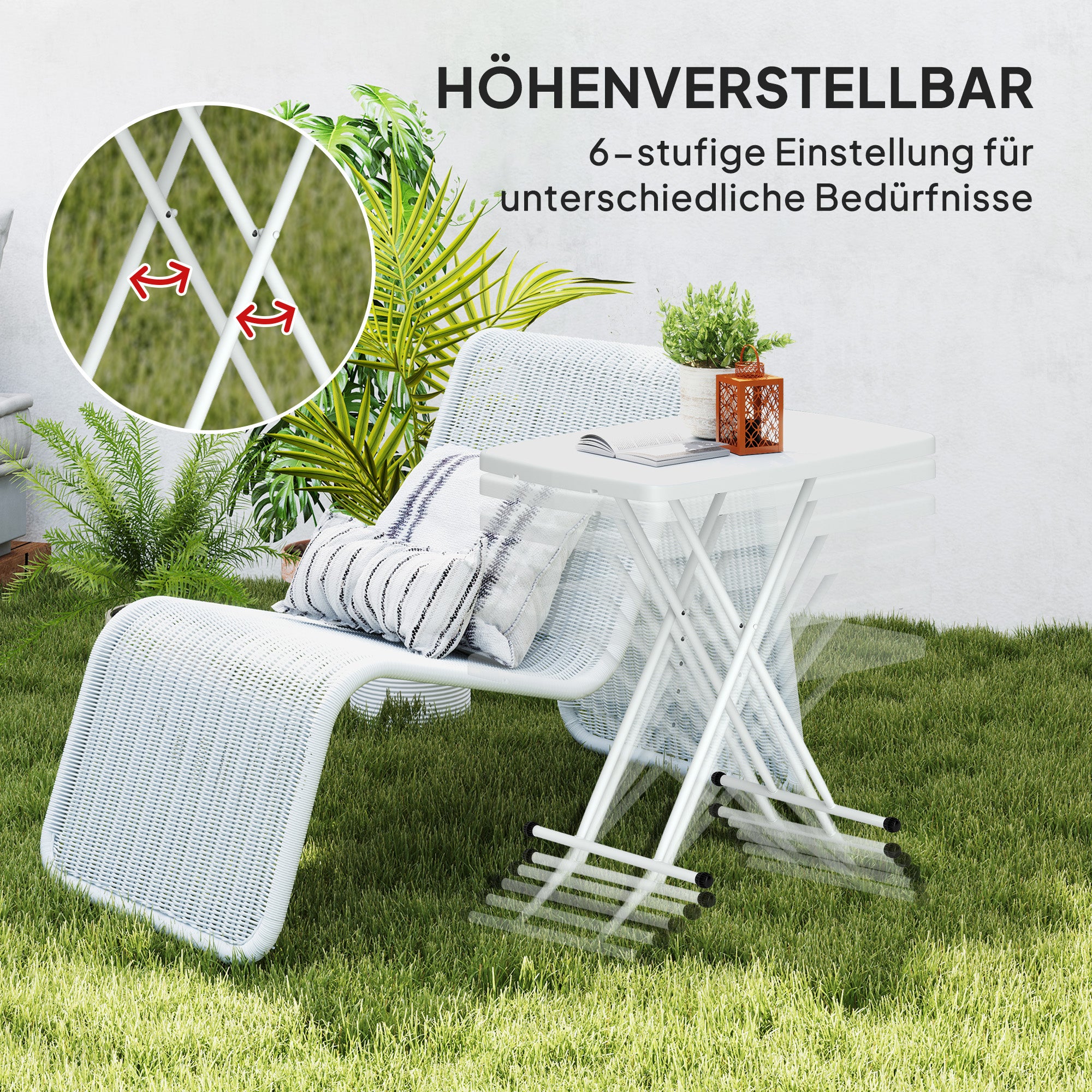 Side Table Garden Adjustable Height Outdoor Table, Foldable Plastic Balcony Table, Rectangular Coffee Table 50kg Capacity, 76x50x74H cm Coffee Table for Outdoor Indoor Balcony Terrace White