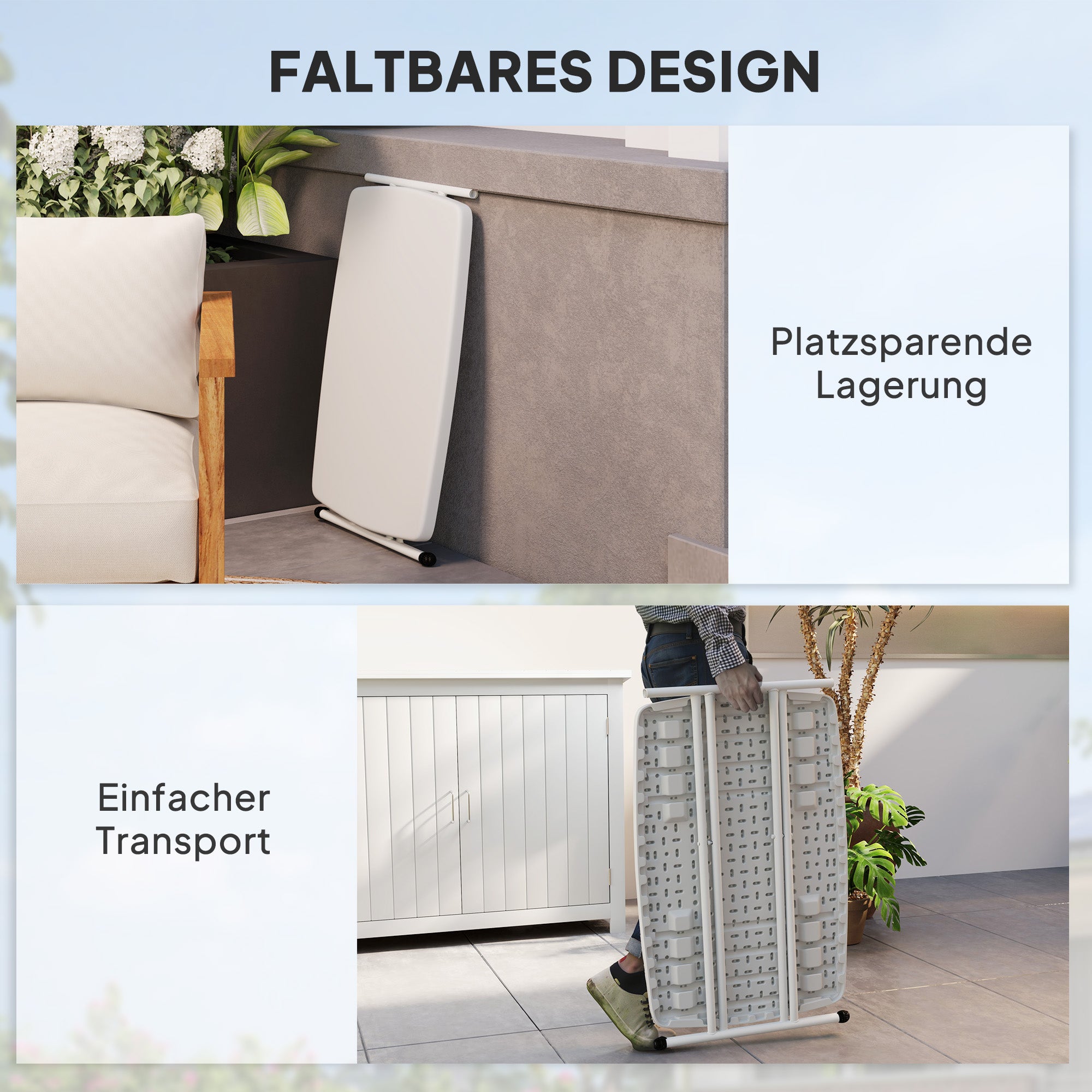 Side Table Garden Adjustable Height Outdoor Table, Foldable Plastic Balcony Table, Rectangular Coffee Table 50kg Capacity, 76x50x74H cm Coffee Table for Outdoor Indoor Balcony Terrace White