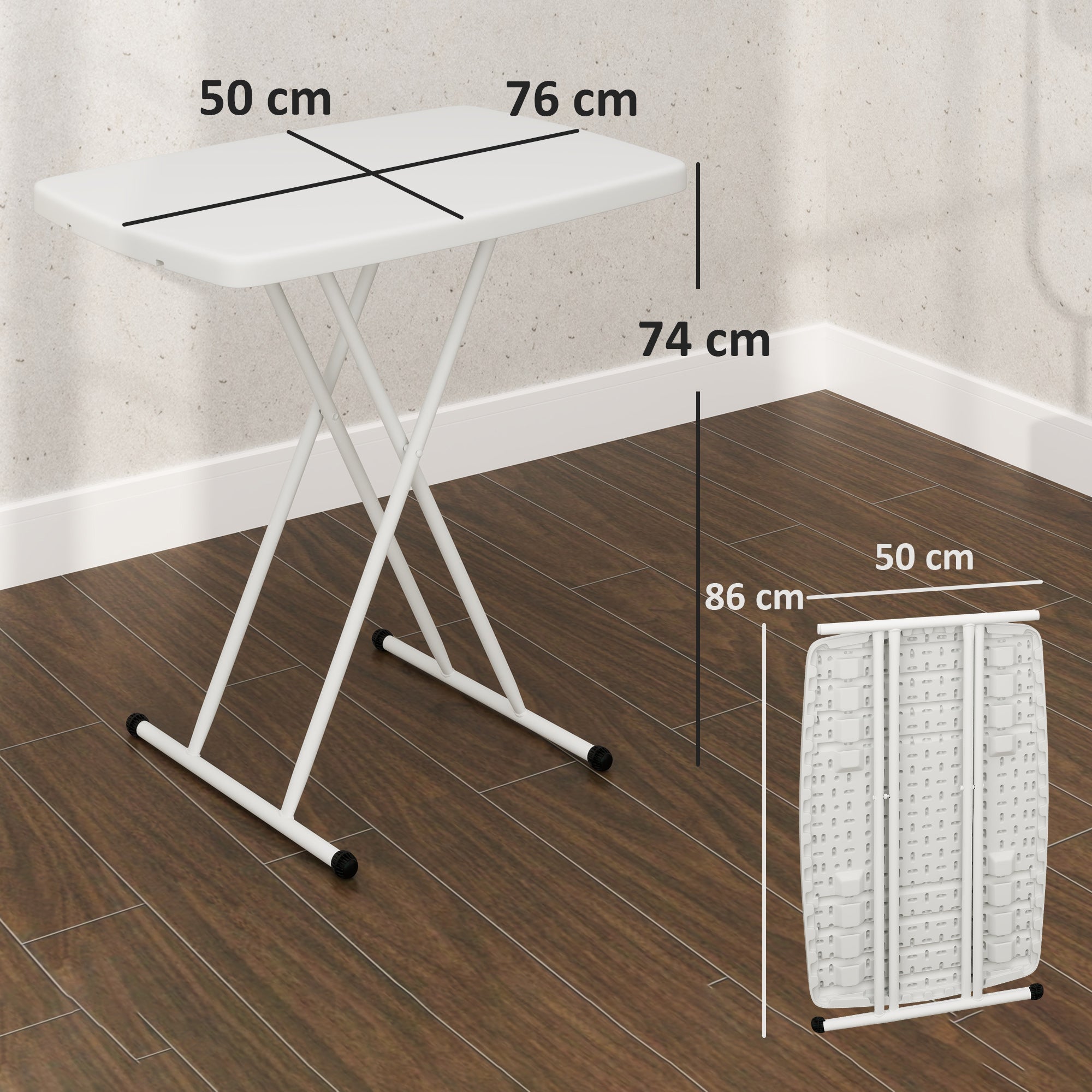 Side Table Garden Adjustable Height Outdoor Table, Foldable Plastic Balcony Table, Rectangular Coffee Table 50kg Capacity, 76x50x74H cm Coffee Table for Outdoor Indoor Balcony Terrace White