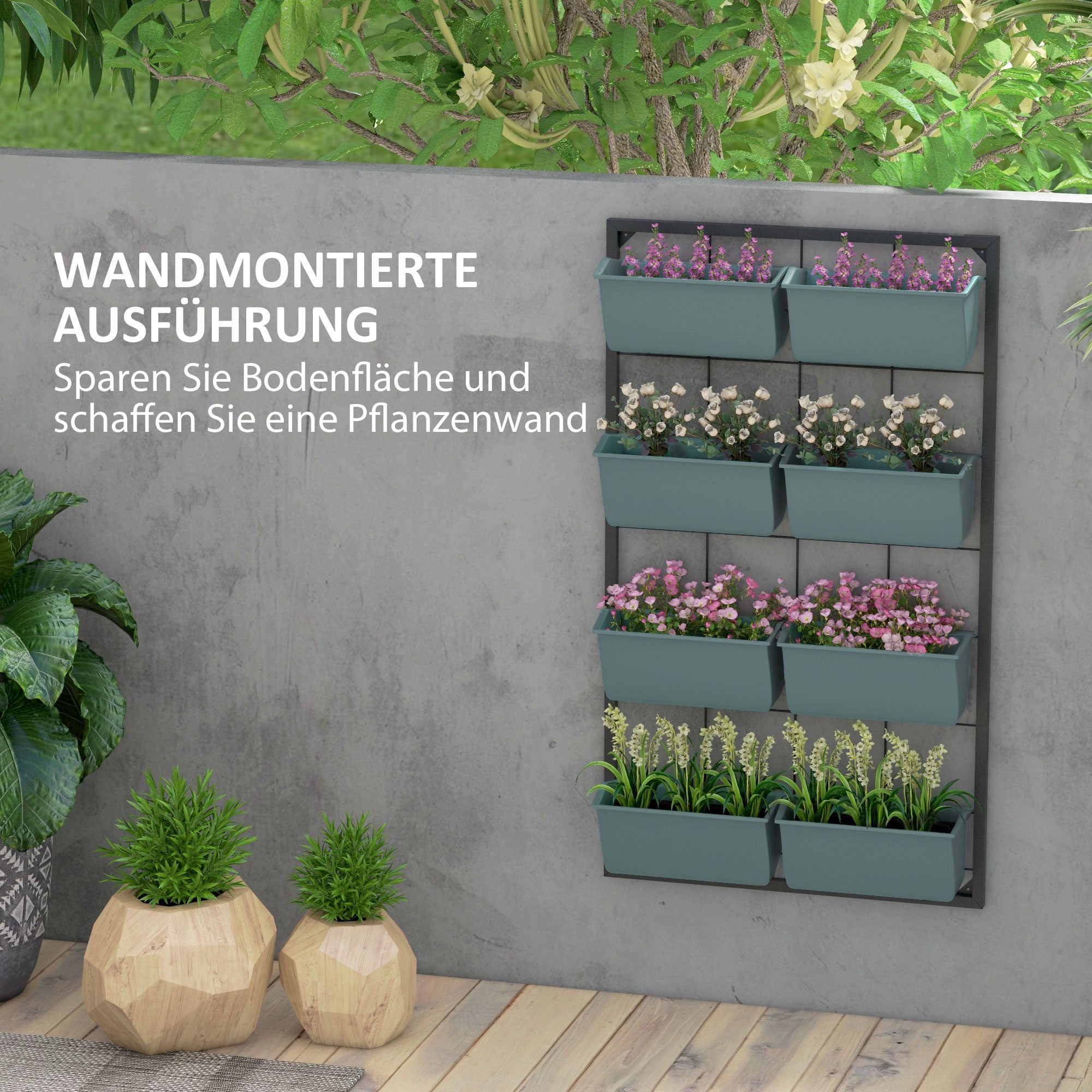 Flower Stand, Plant Stand with 8 Pots, Plant Shelf, Wall Mounted Plant Stand, Flower Shelf for Garden, Dark Green, 52.5 x 14 x 90 cm