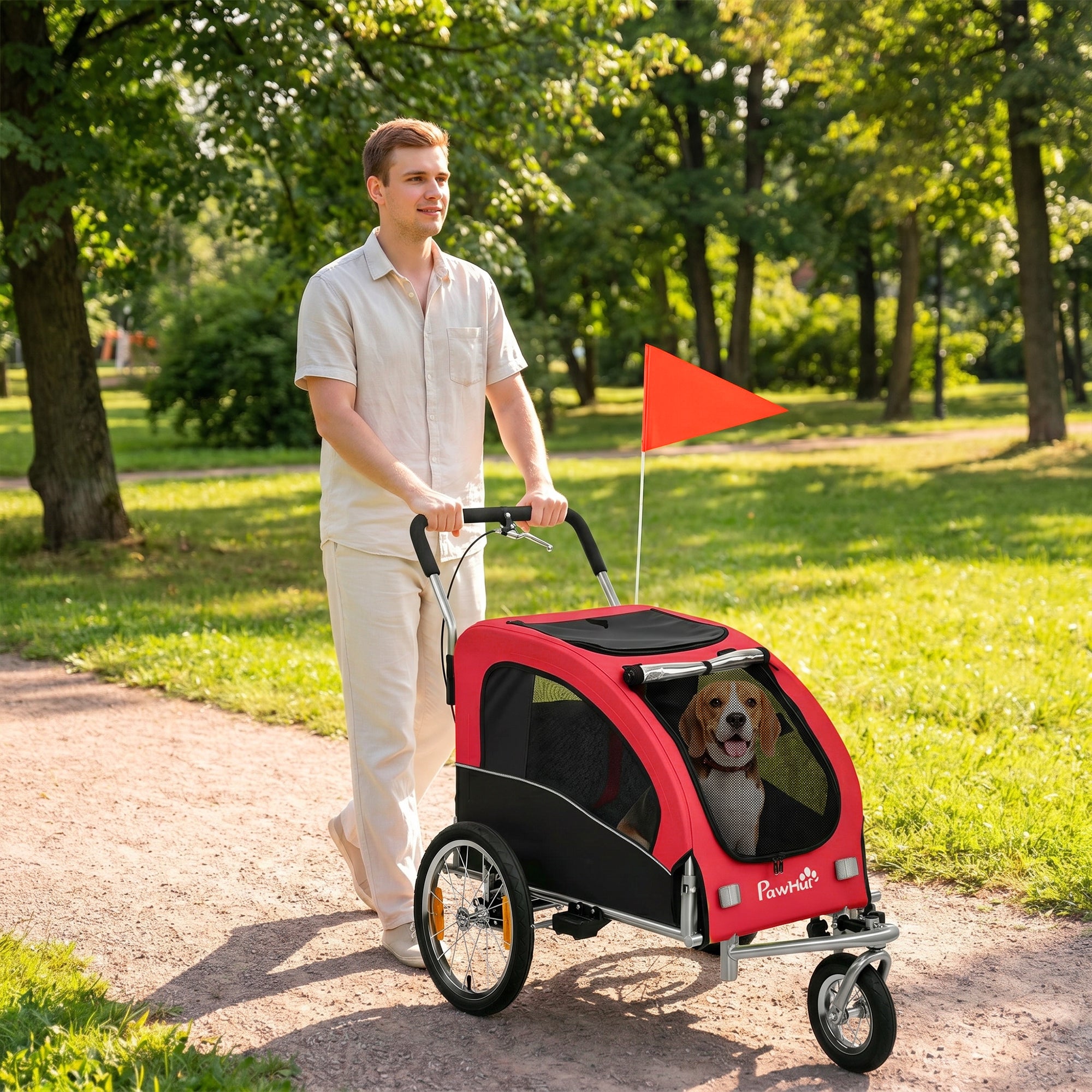 2-in-1 Dog Bike Trailer & Stroller for Medium Dogs with Suspension, Quick-Release Wheels, Reflectors, Large Mesh Windows, Hand Brake, Safety Flag — Red