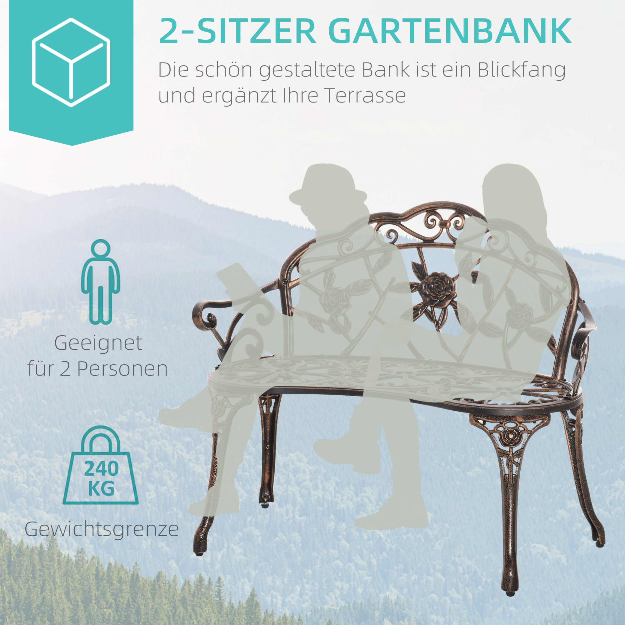 2-Seat Metal Garden Bench, Vintage Floral Park Bench, Bronze