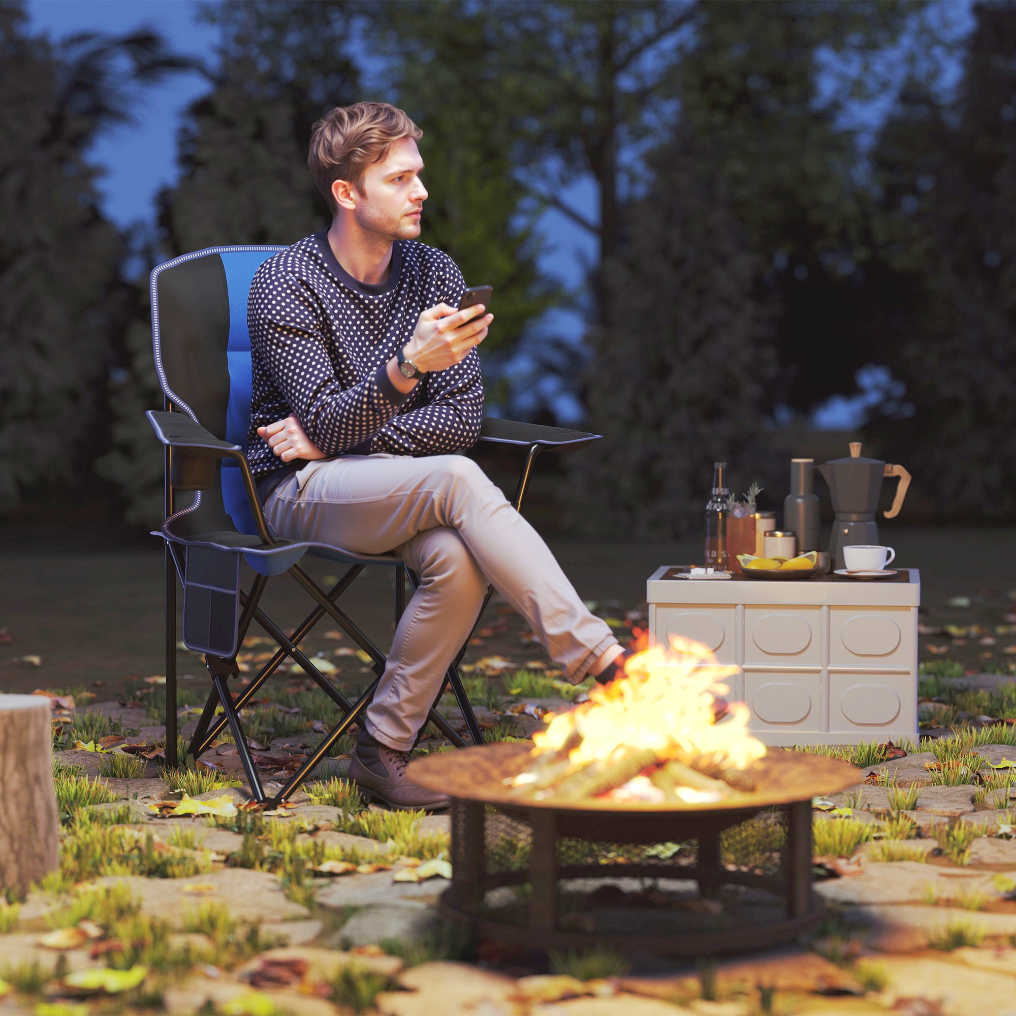 Folding Camping Chair with Side Pocket and Cup Holder, Garden Chair in Oxford Fabric and Metal, Up to 120 kg, 94x62x110 cm, Blue